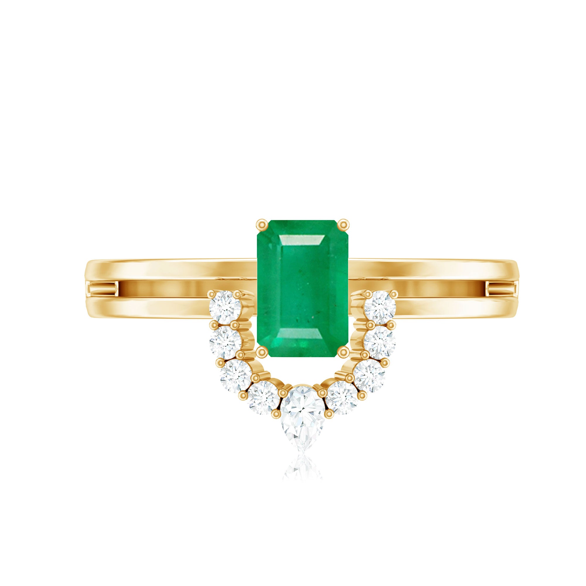 Natural Emerald Cut Emerald Double Band Engagement Ring with Diamond AAA - Rosec Jewels