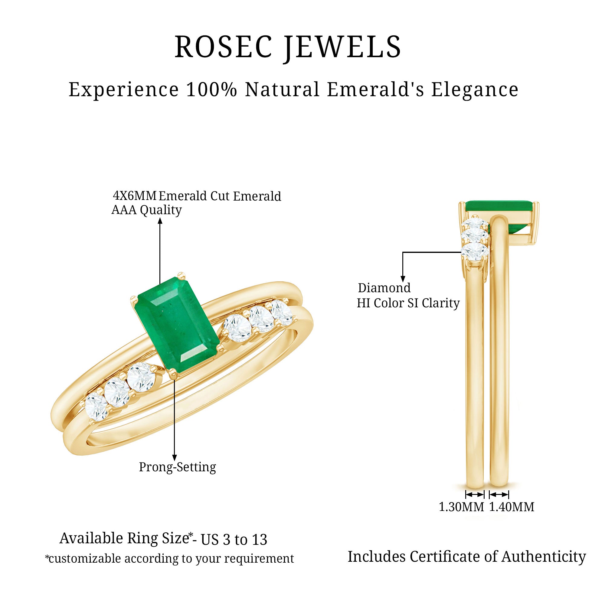 Natural Emerald Cut Emerald Diamond Engagement Wedding Ring Set of 2 AAA - Rosec Jewels