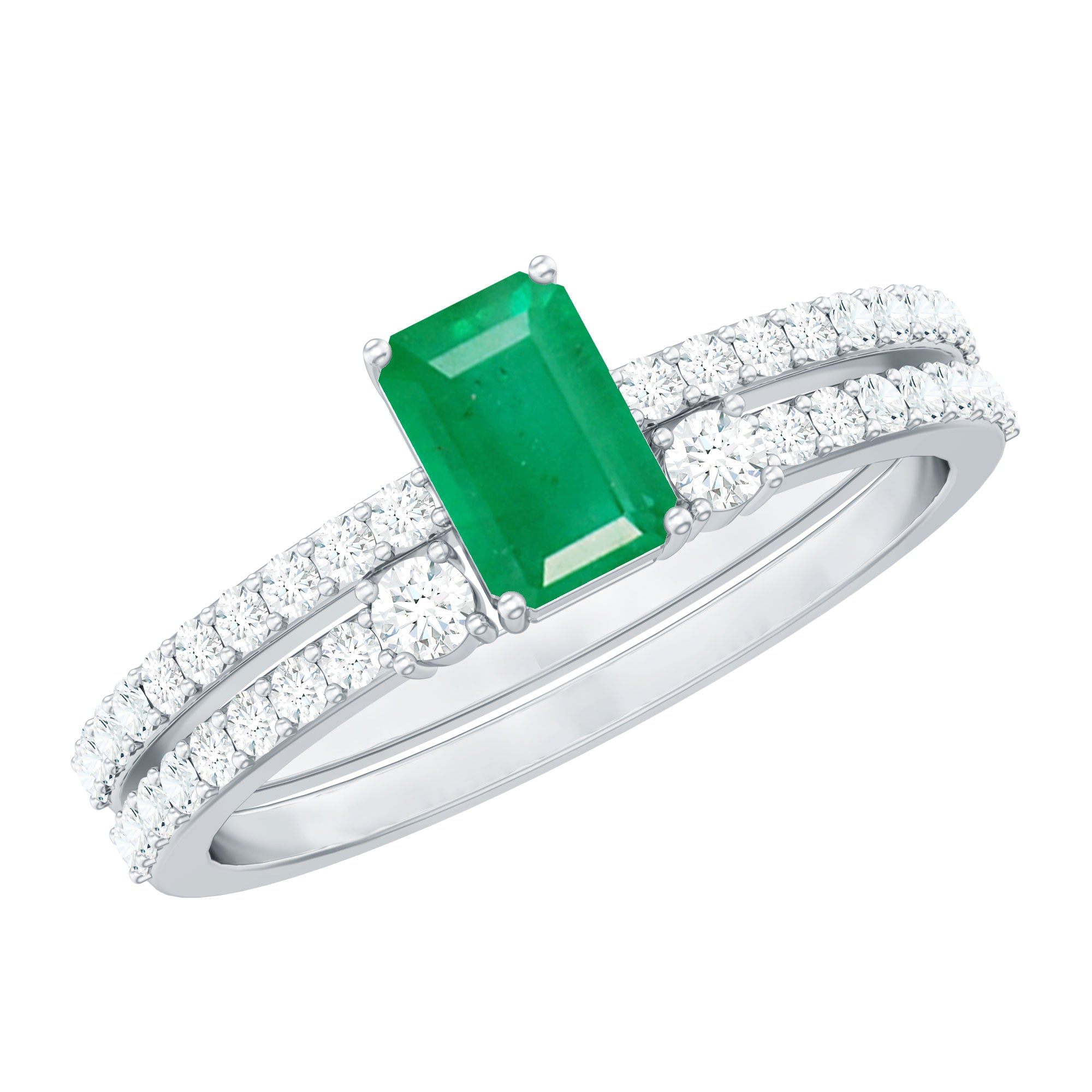 Genuine Emerald Diamond Emerald Cut Engagement Ring and Wedding Band Set