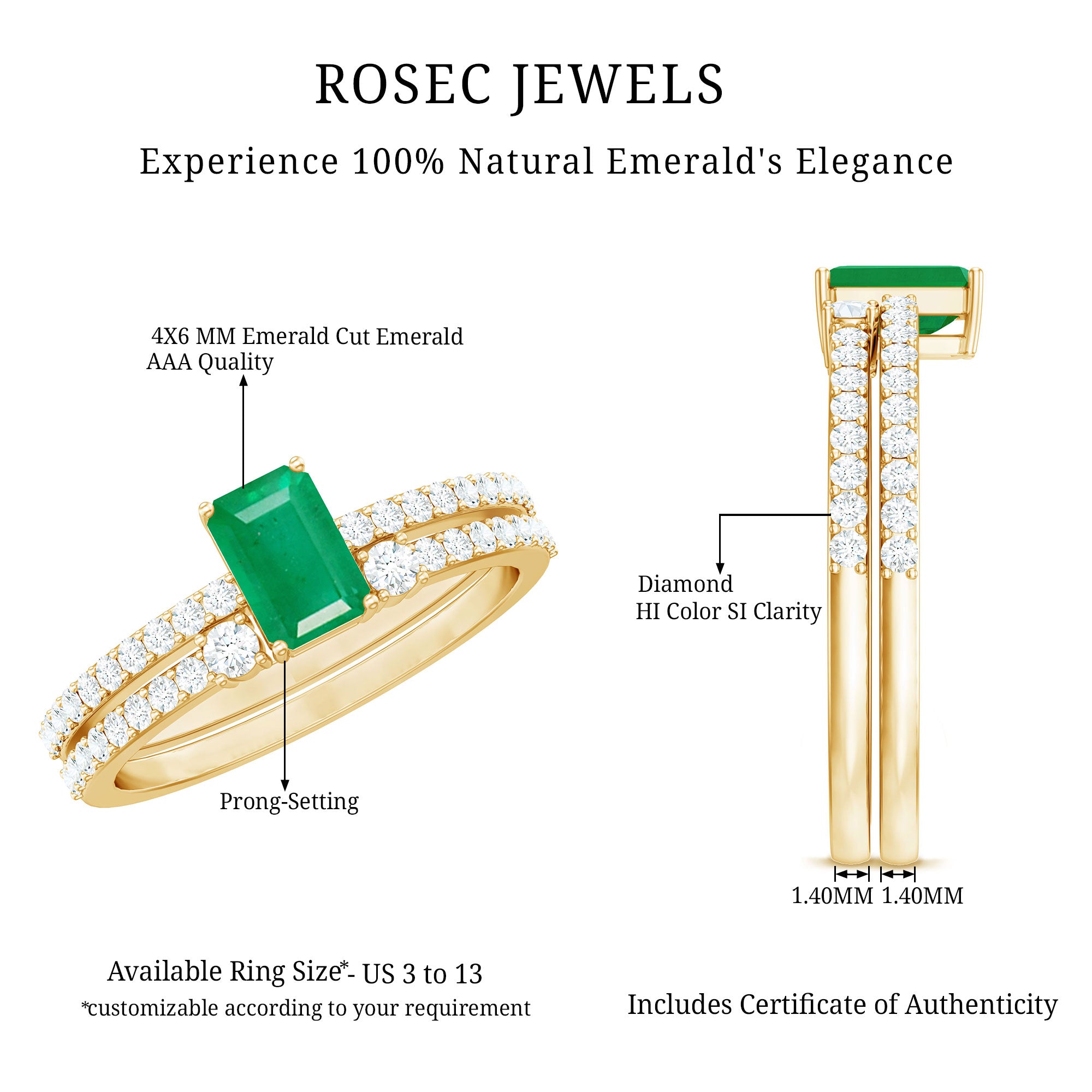 Genuine Emerald Diamond Emerald Cut Engagement Ring and Wedding Band Set AAA - Rosec Jewels