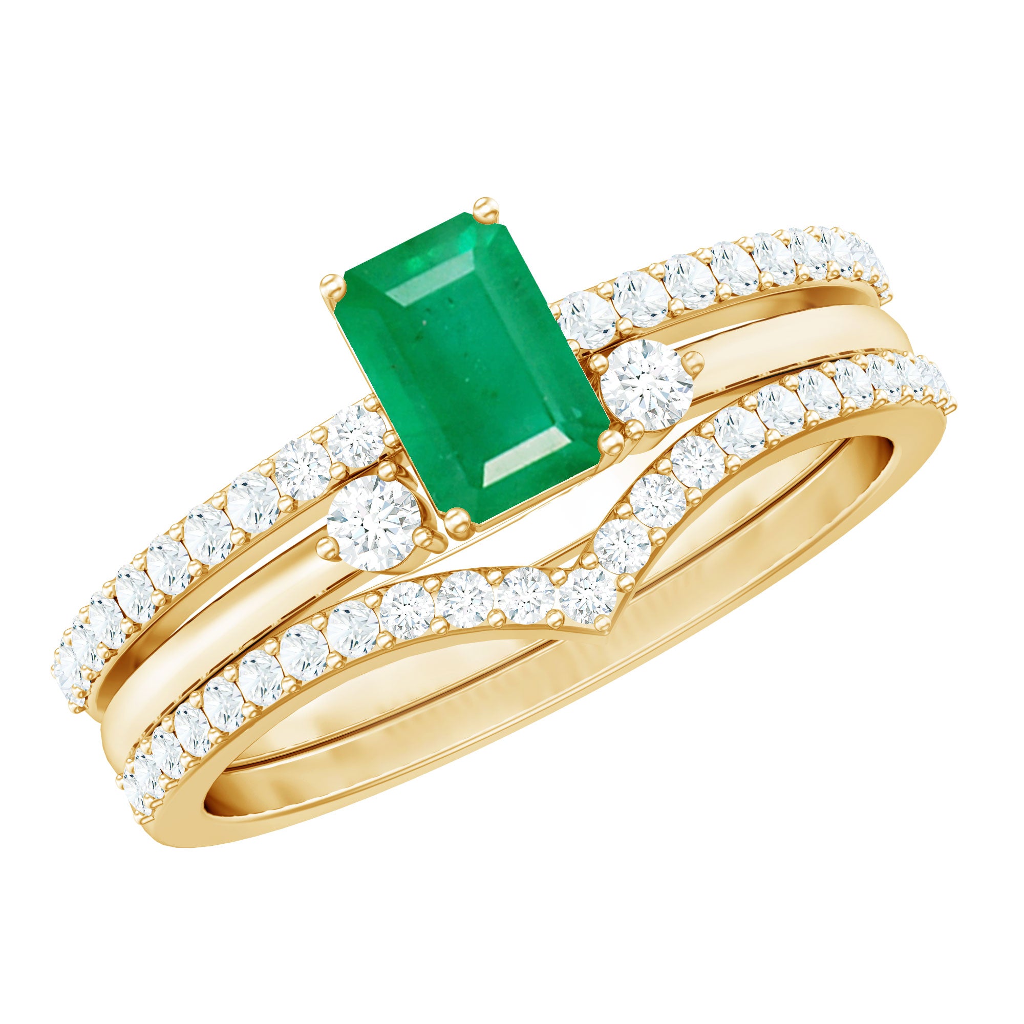 Rosec Jewels-Natural Emerald Cut Emerald Diamond 3 Piece Bridal Ring Set