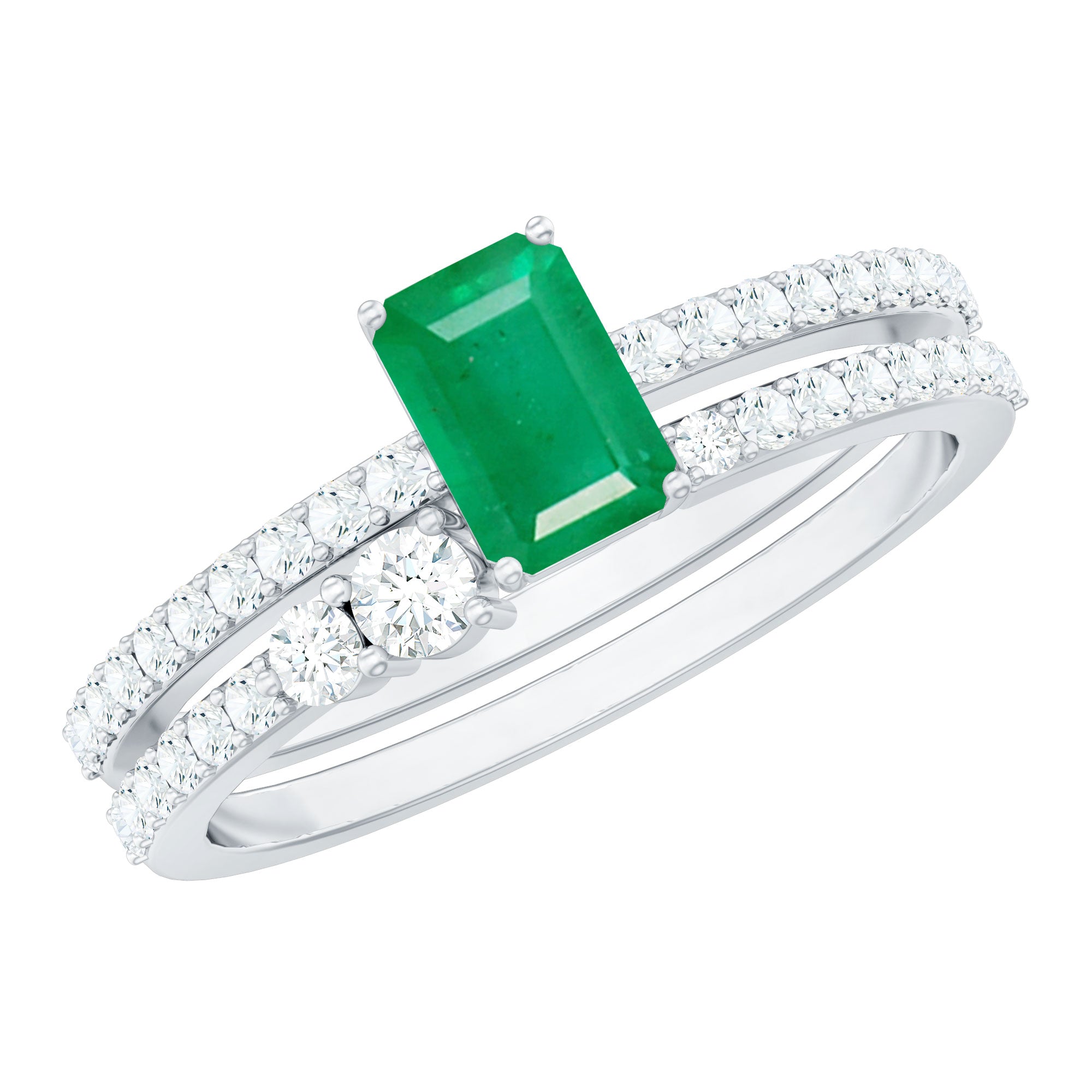 Rosec Jewels-Genuine Emerald Diamond Emerald Cut Engagement Ring with Enhancer