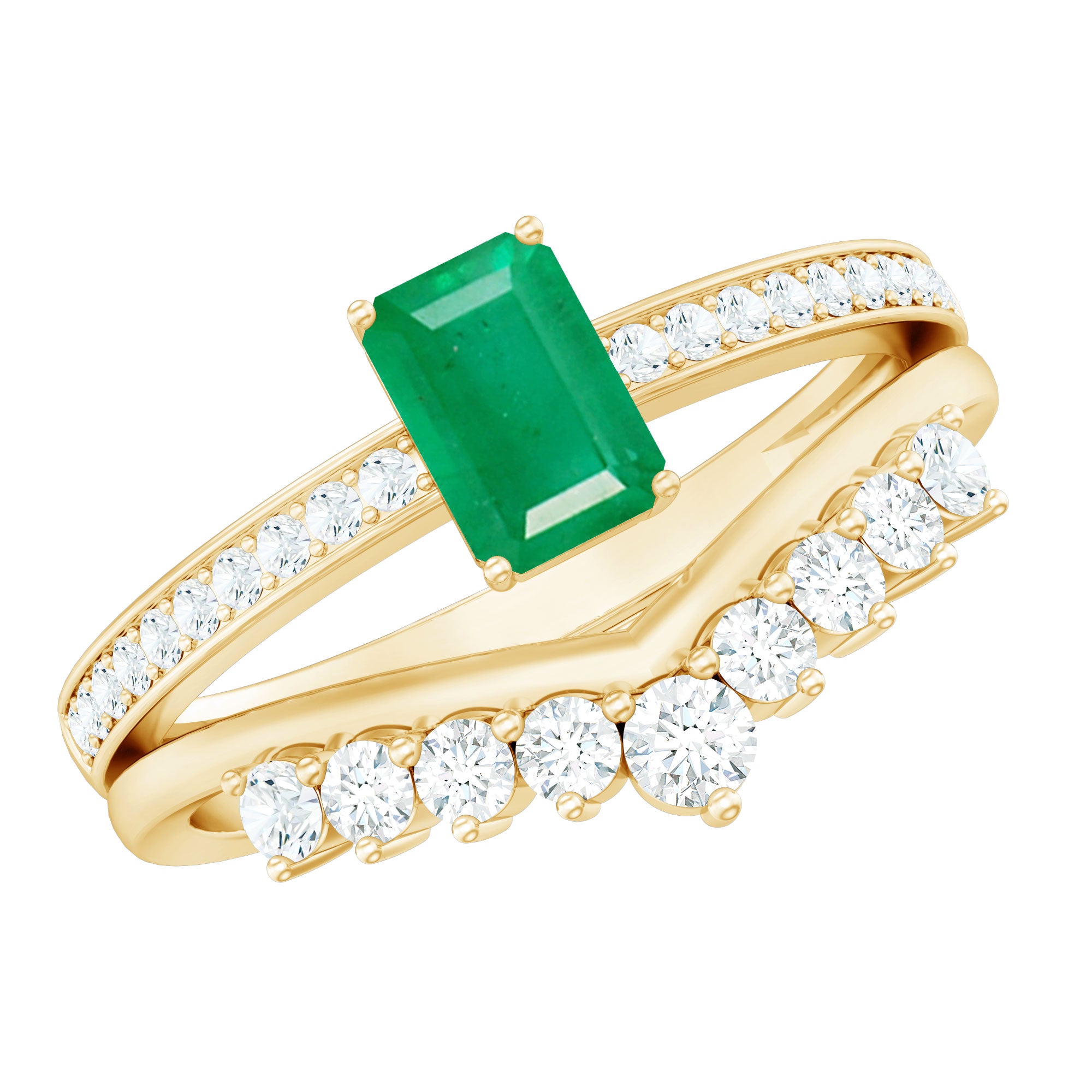 Natural Emerald Diamond Emerald Cut Engagement Ring with Curved Wedding Band AAA - Rosec Jewels