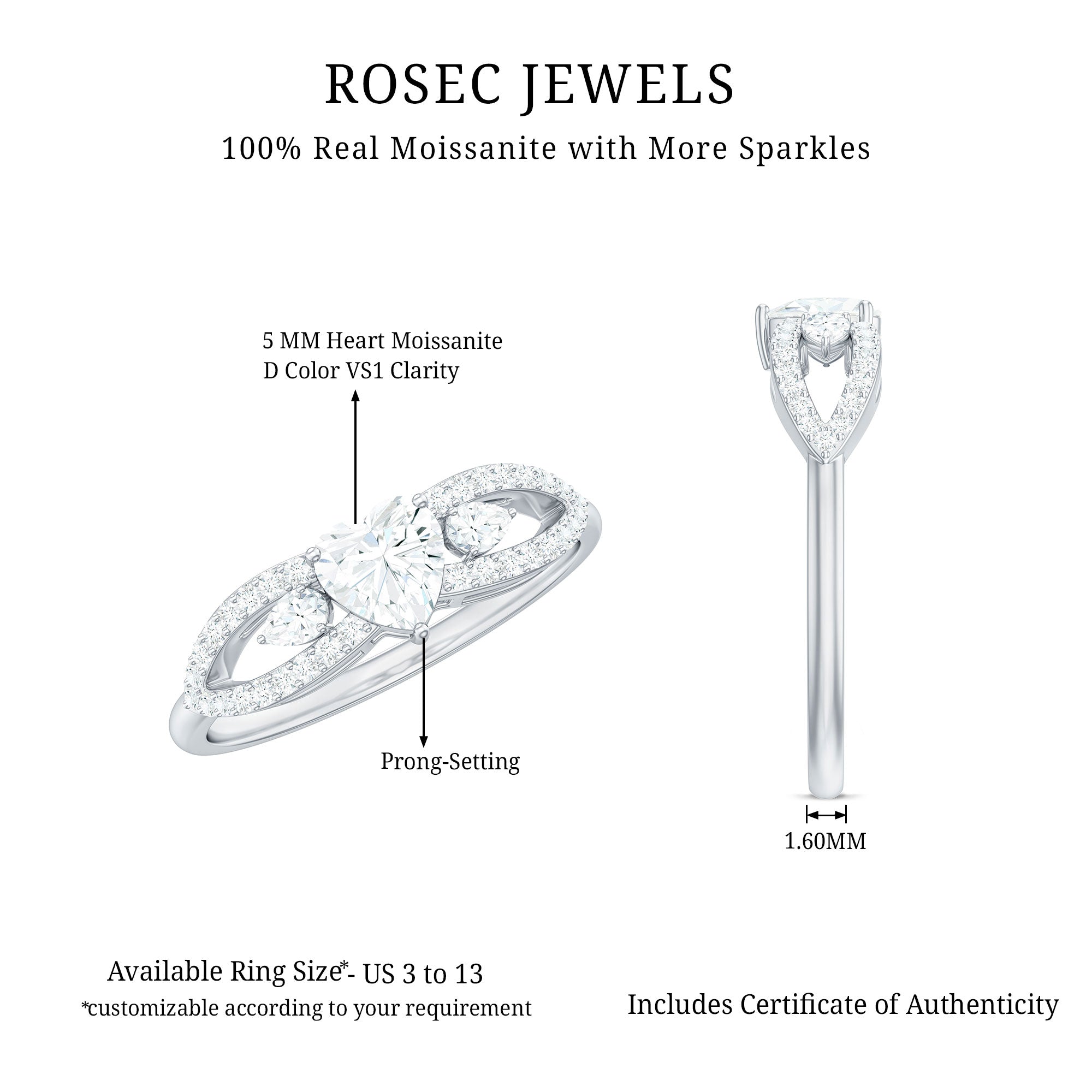 Certified Moissanite Heart Promise Ring with Split Shank D-VS1 - Rosec Jewels
