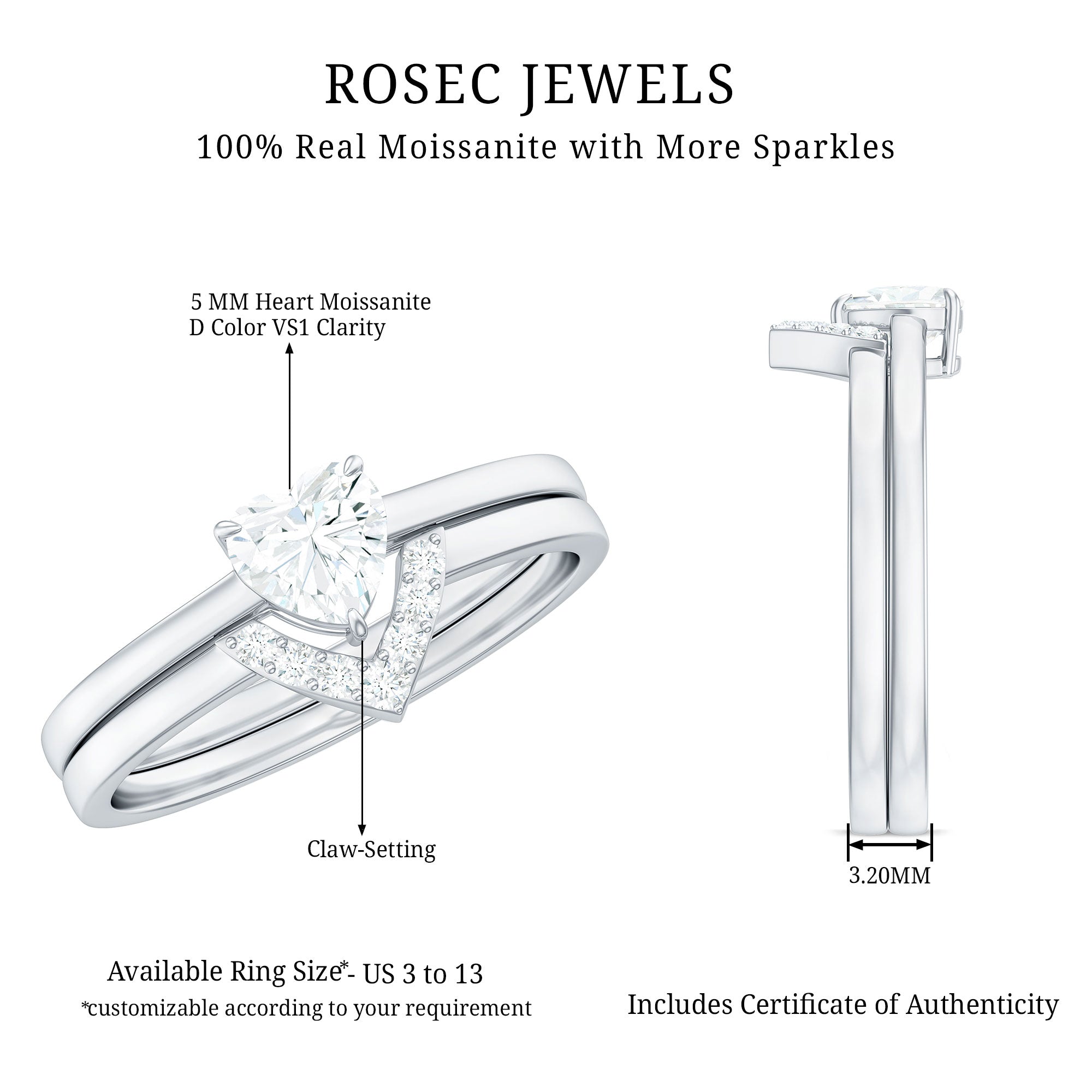 Heart Shaped Moissanite Solitaire Wedding Ring Set for Women D-VS1 - Rosec Jewels