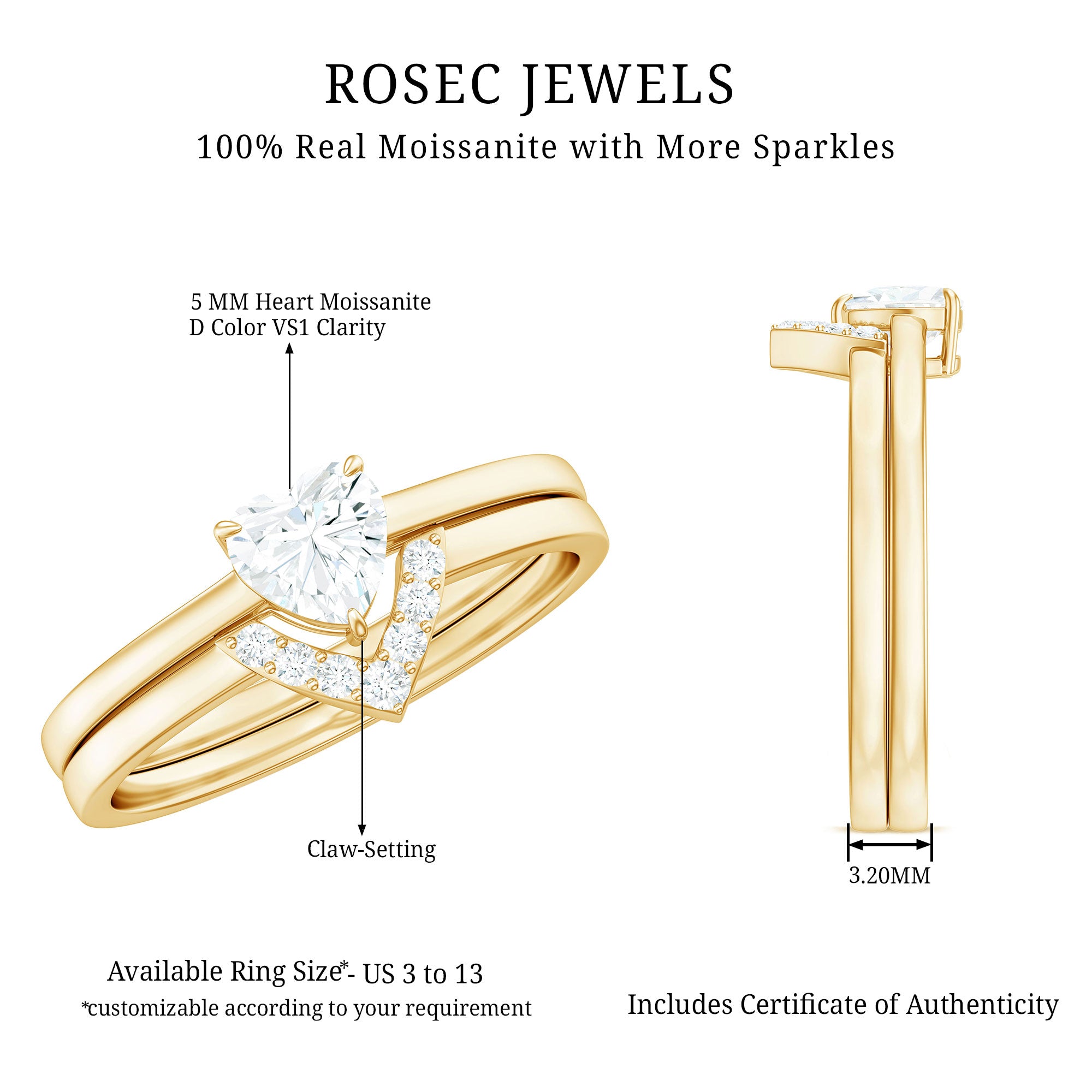 Heart Shaped Moissanite Solitaire Wedding Ring Set for Women D-VS1 - Rosec Jewels