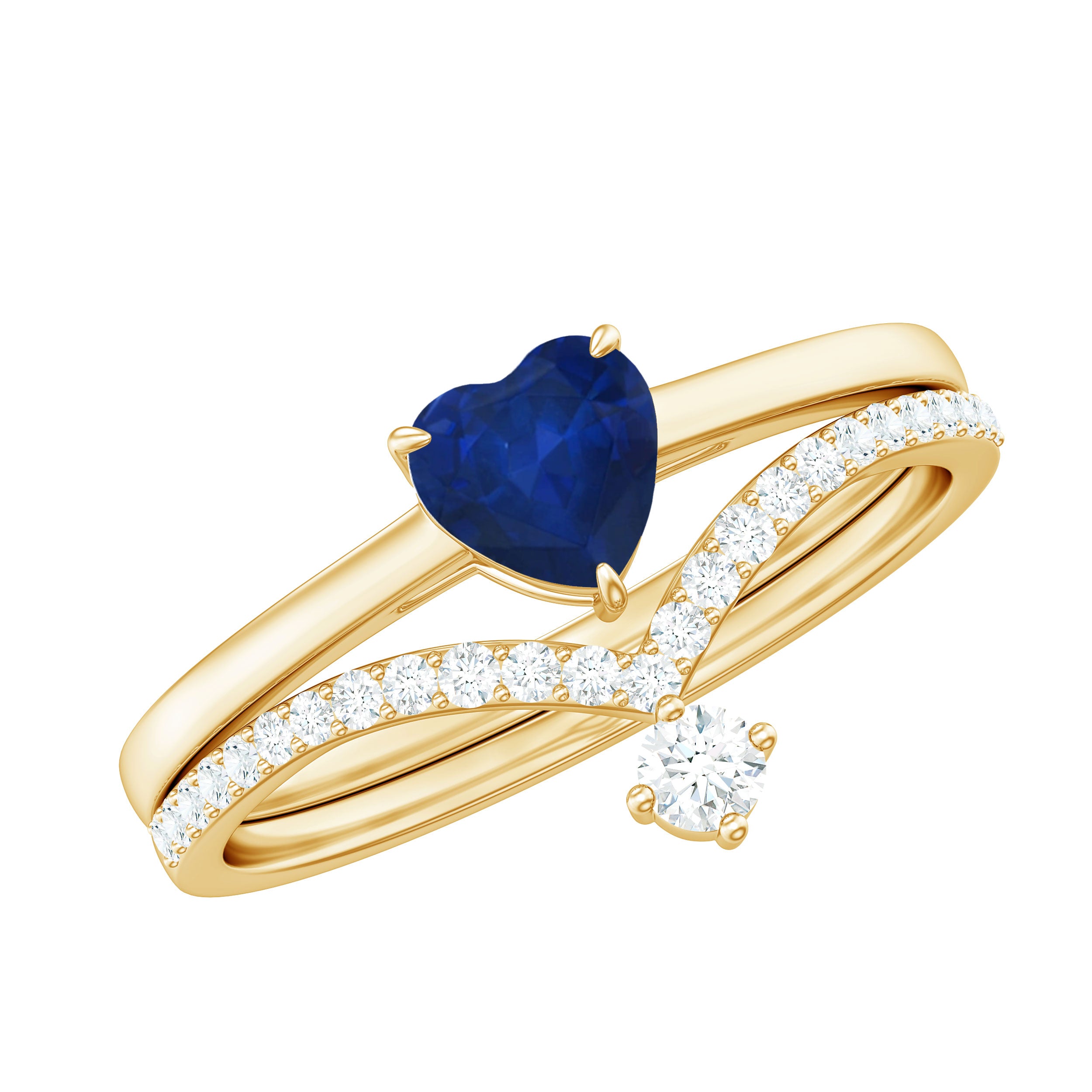 Rosec Jewels-Heart Shape Blue Sapphire Solitaire Wedding Ring Set with Diamond