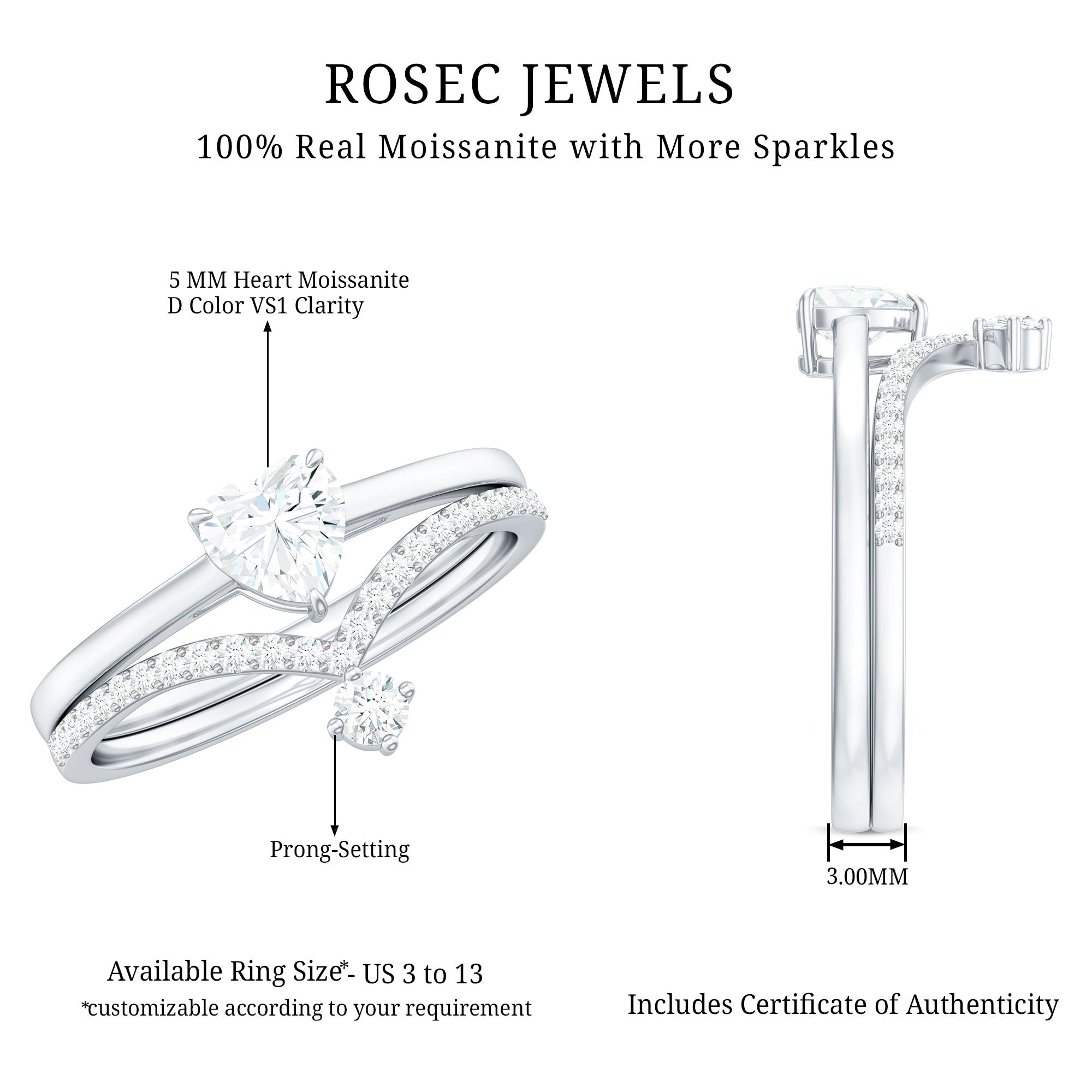 Heart Shape Moissanite Solitaire Engagement Ring with Enhancer D-VS1 - Rosec Jewels