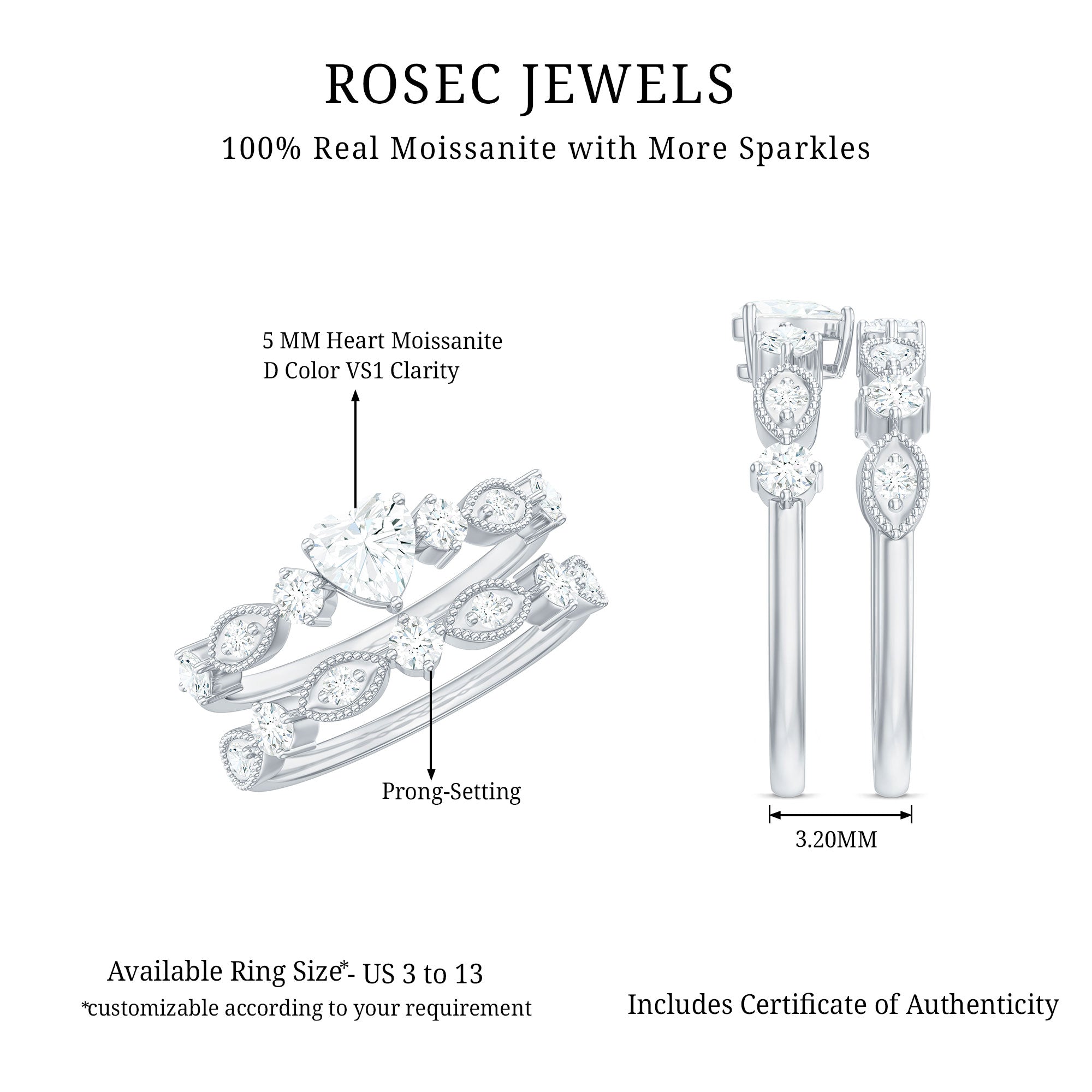 Heart Shape Moissanite Vintage Wedding Ring Set D-VS1 - Rosec Jewels