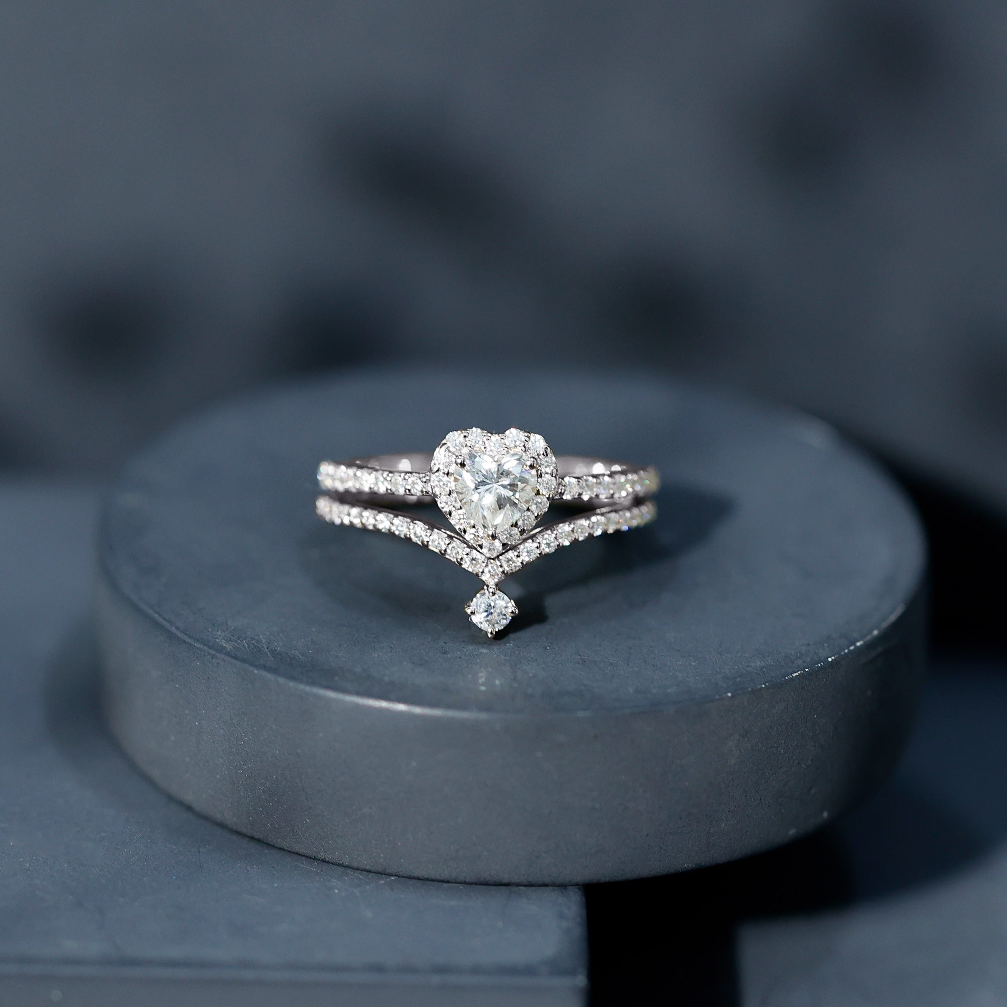 Rosec Jewels-Cubic Zirconia Heart Ring Set with V Shape Band