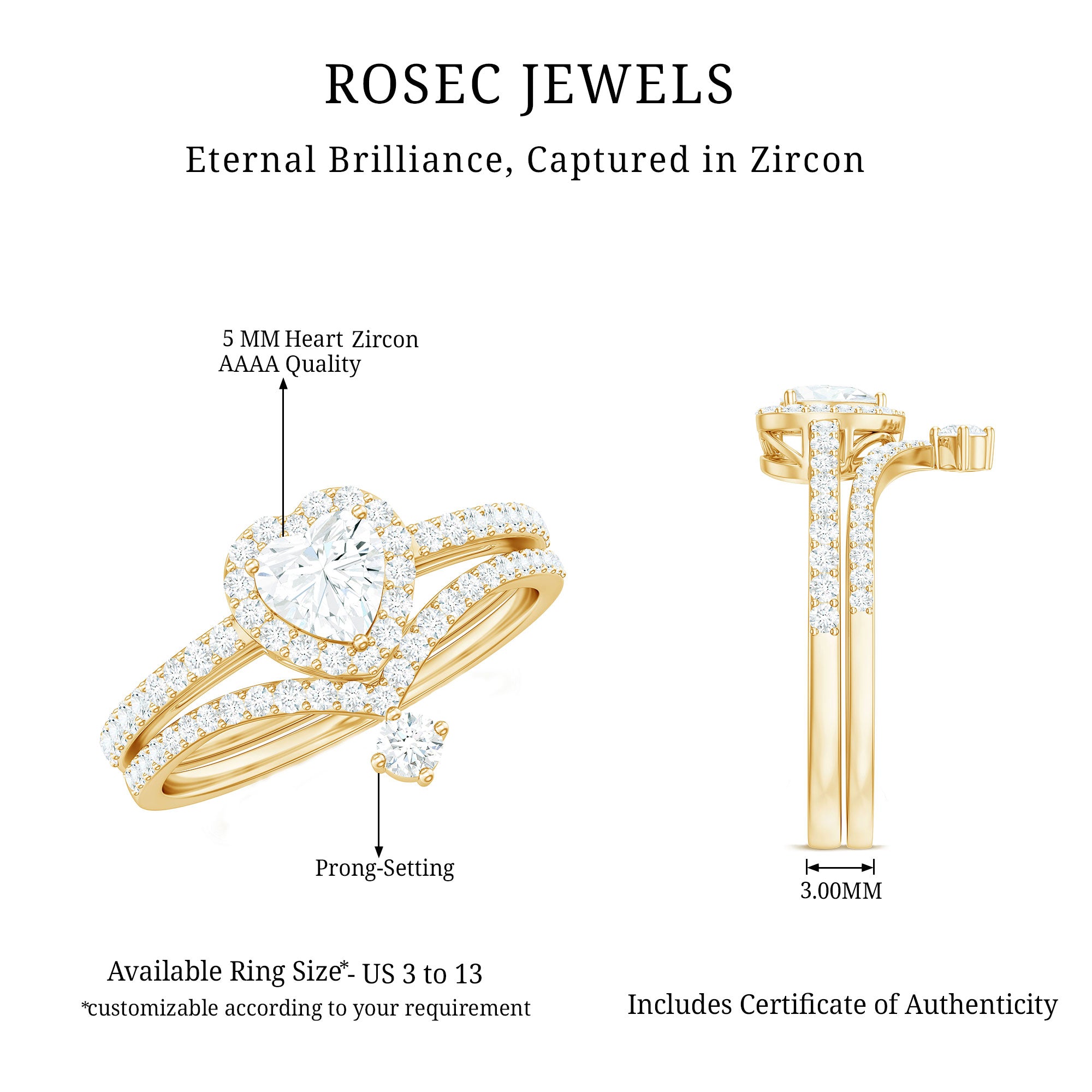 Rosec Jewels-Cubic Zirconia Heart Ring Set with V Shape Band