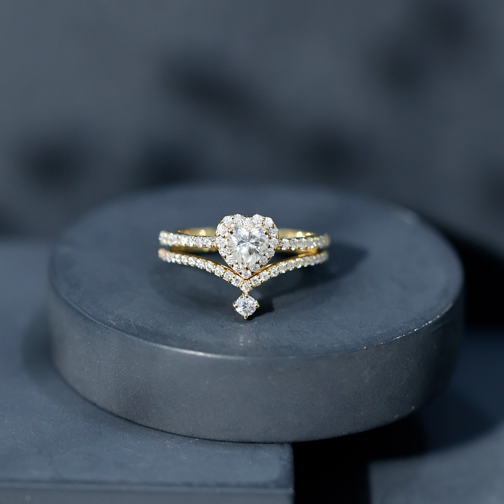 Rosec Jewels-Cubic Zirconia Heart Ring Set with V Shape Band