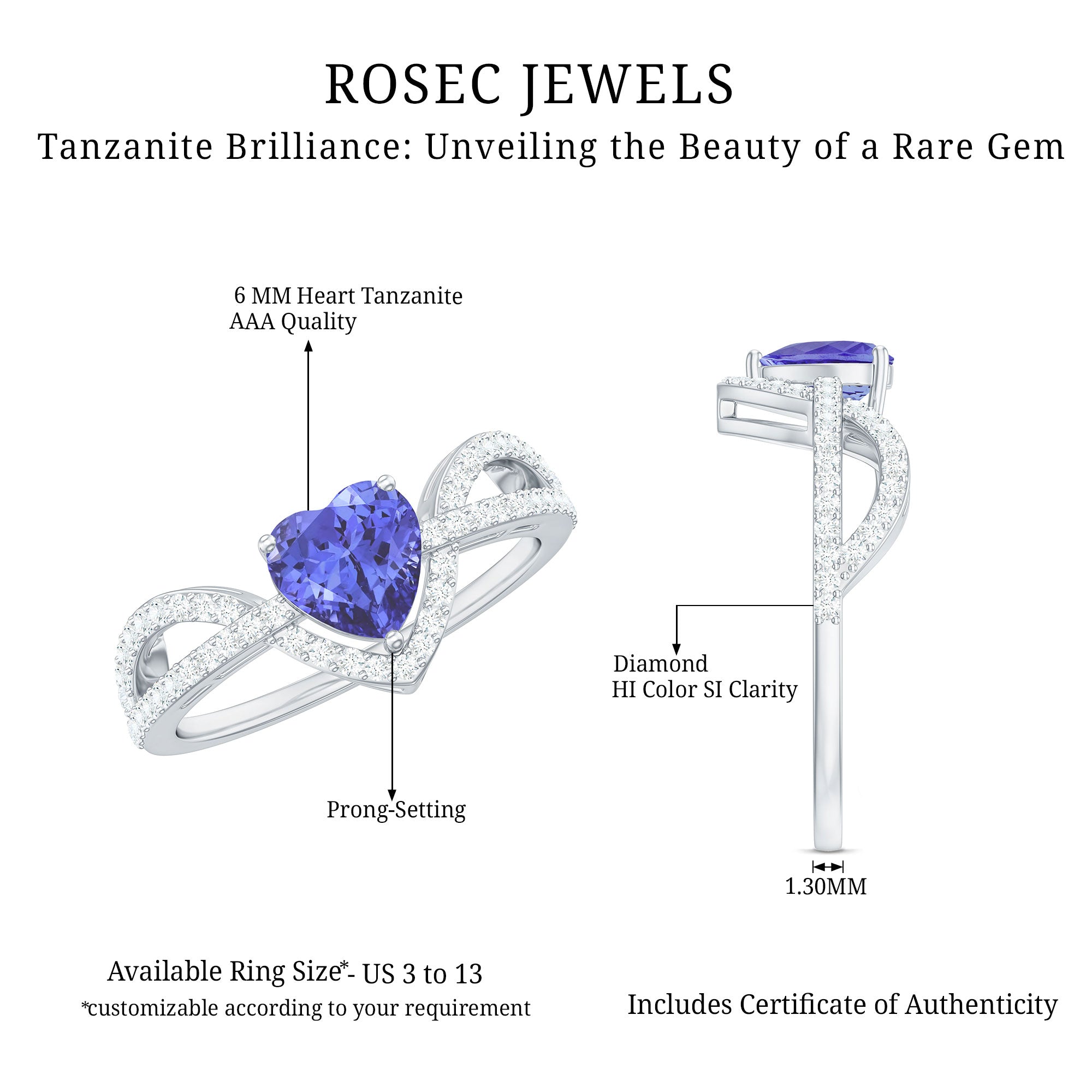 Heart Shape Tanzanite and Diamond Designer Engagement Ring AAA - Rosec Jewels
