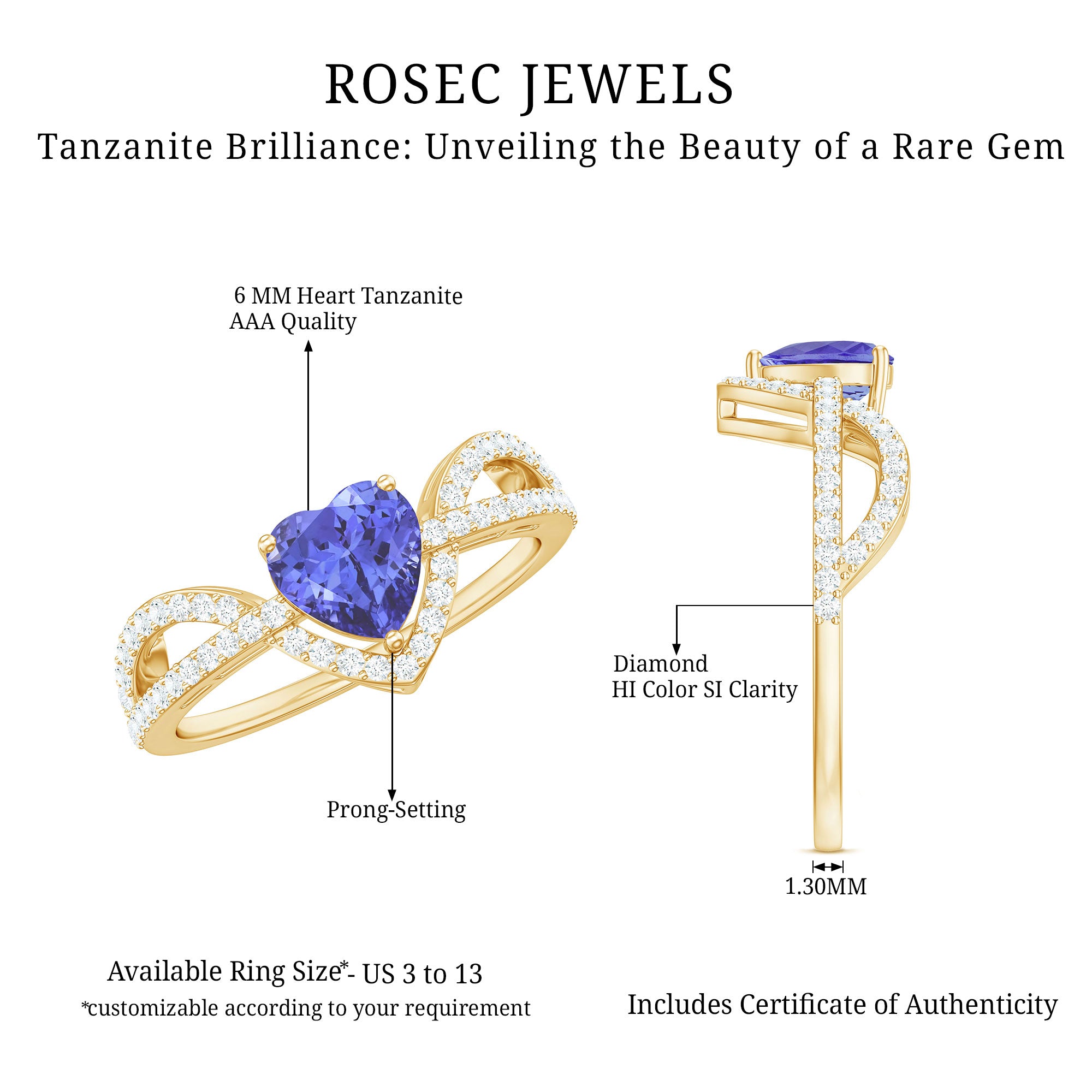 Heart Shape Tanzanite and Diamond Designer Engagement Ring AAA - Rosec Jewels