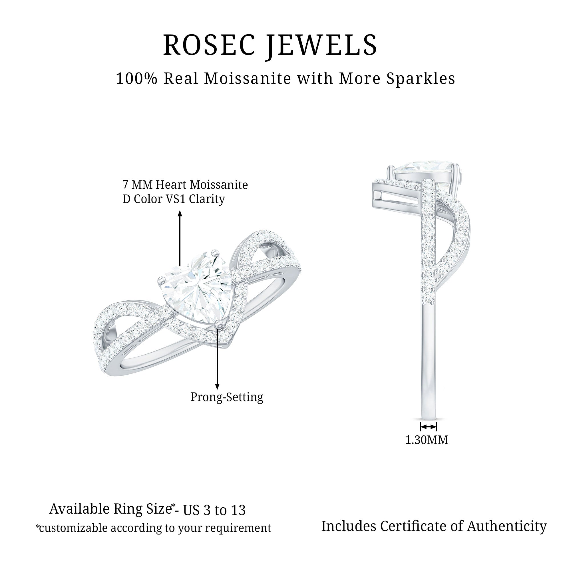 Heart Shaped Moissanite Designer Engagement Ring D-VS1 - Rosec Jewels