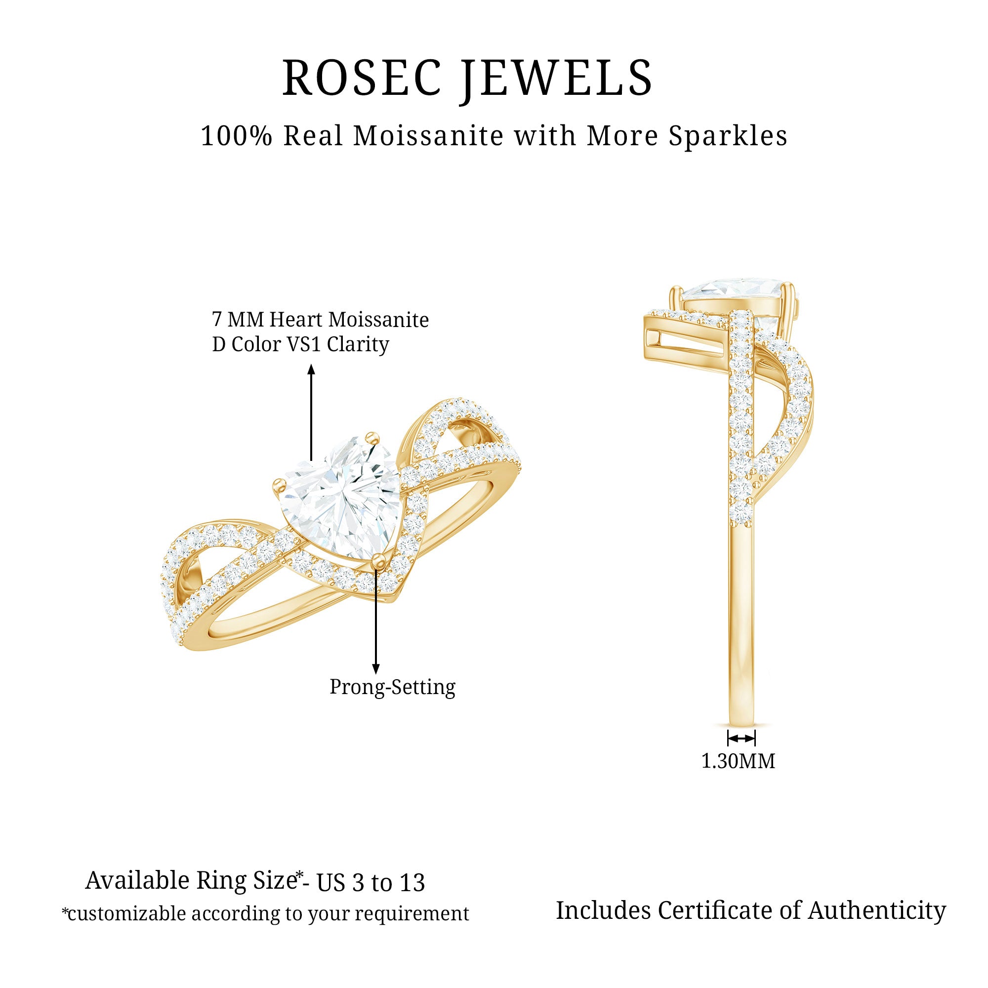 Heart Shaped Moissanite Designer Engagement Ring D-VS1 - Rosec Jewels