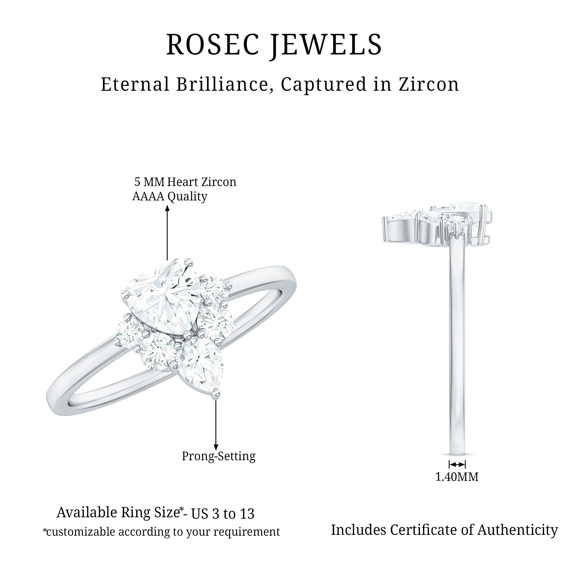 1 CT Cubic Zirconia Heart Engagement Ring with Side Stones AAAA - Rosec Jewels