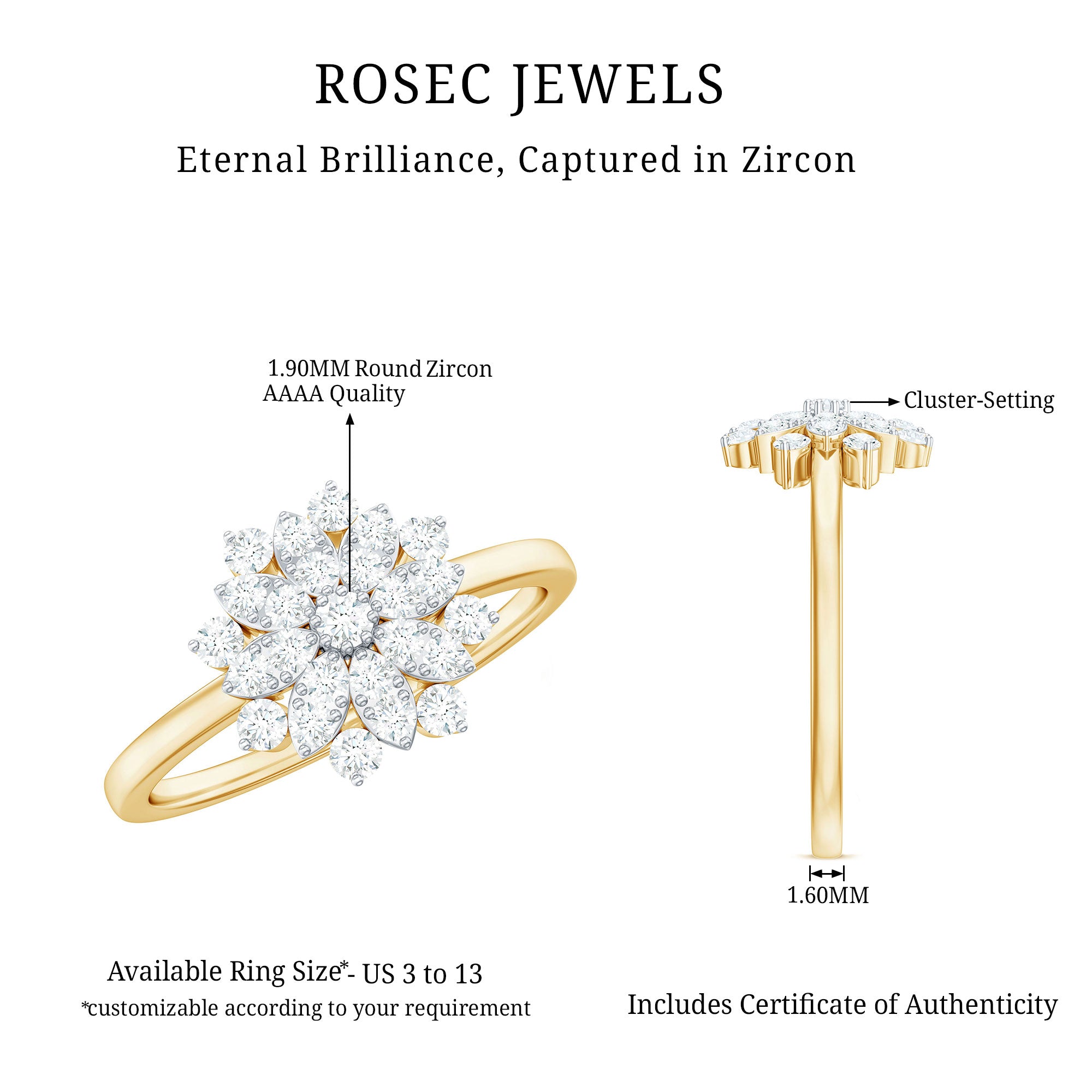 Certified Cubic Zirconia Flower Cluster Engagement Ring AAAA - Rosec Jewels