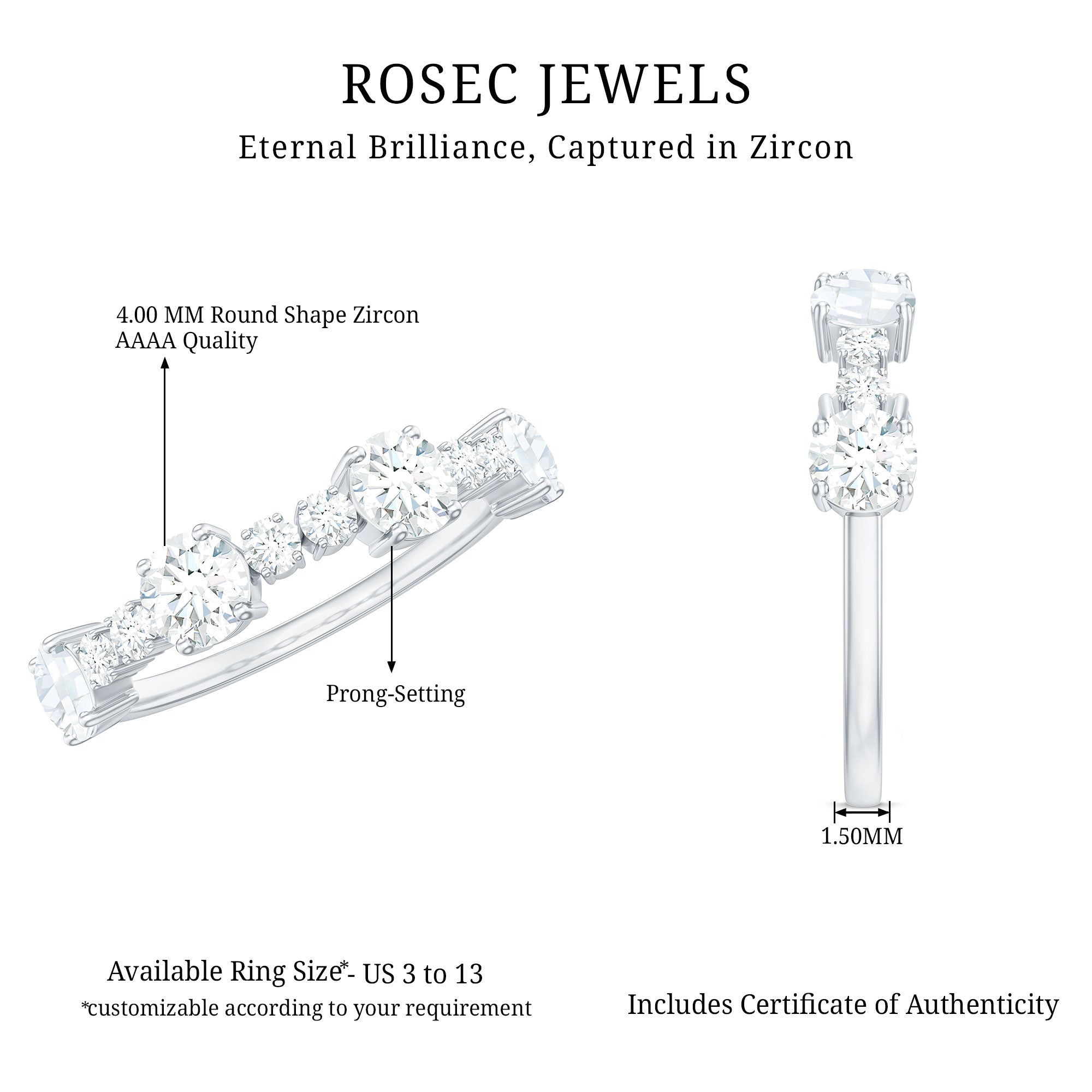 Cubic Zirconia Half Eternity Wedding Anniversary Ring AAAA - Rosec Jewels