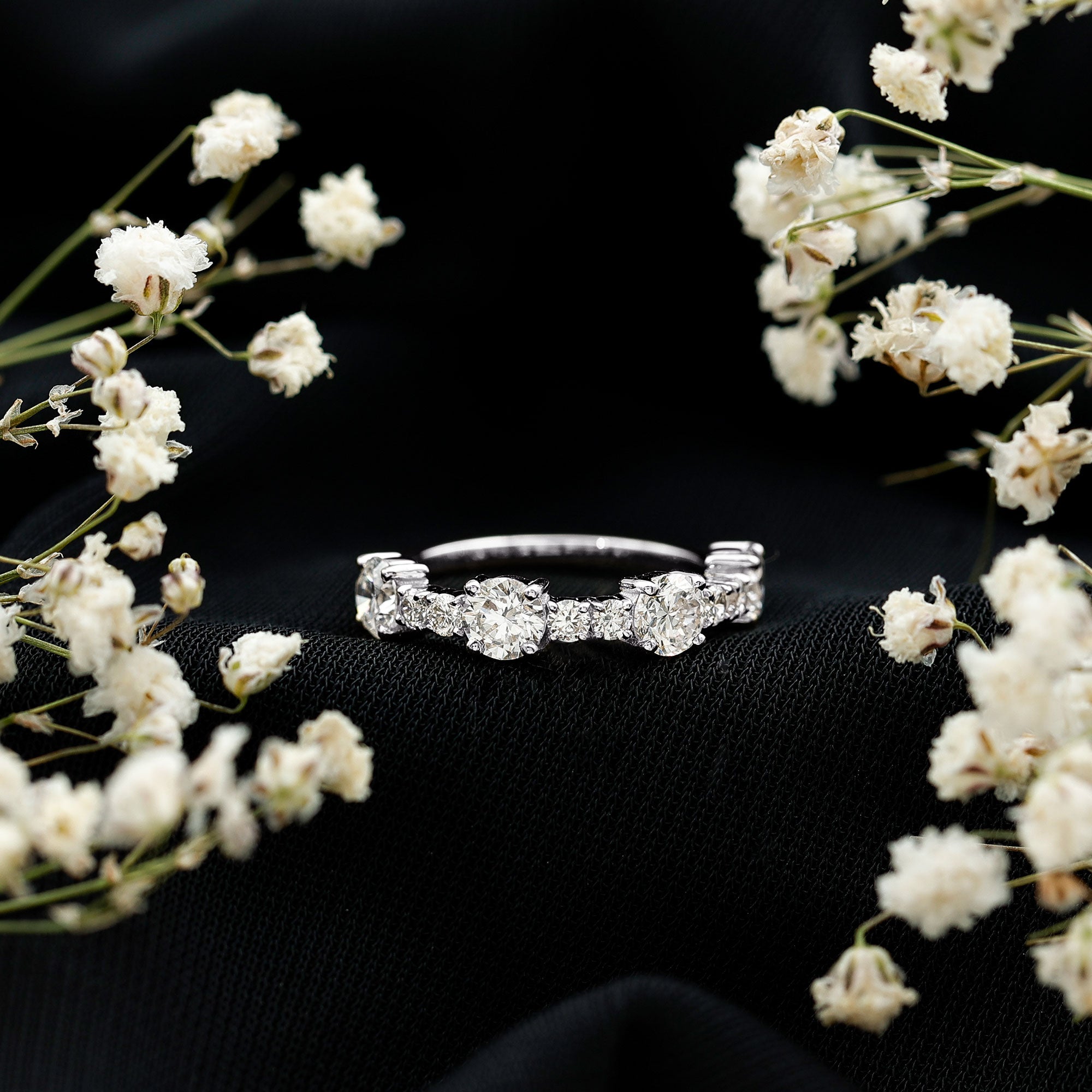 Rosec Jewels-Round Moissanite Half Eternity Wedding Band