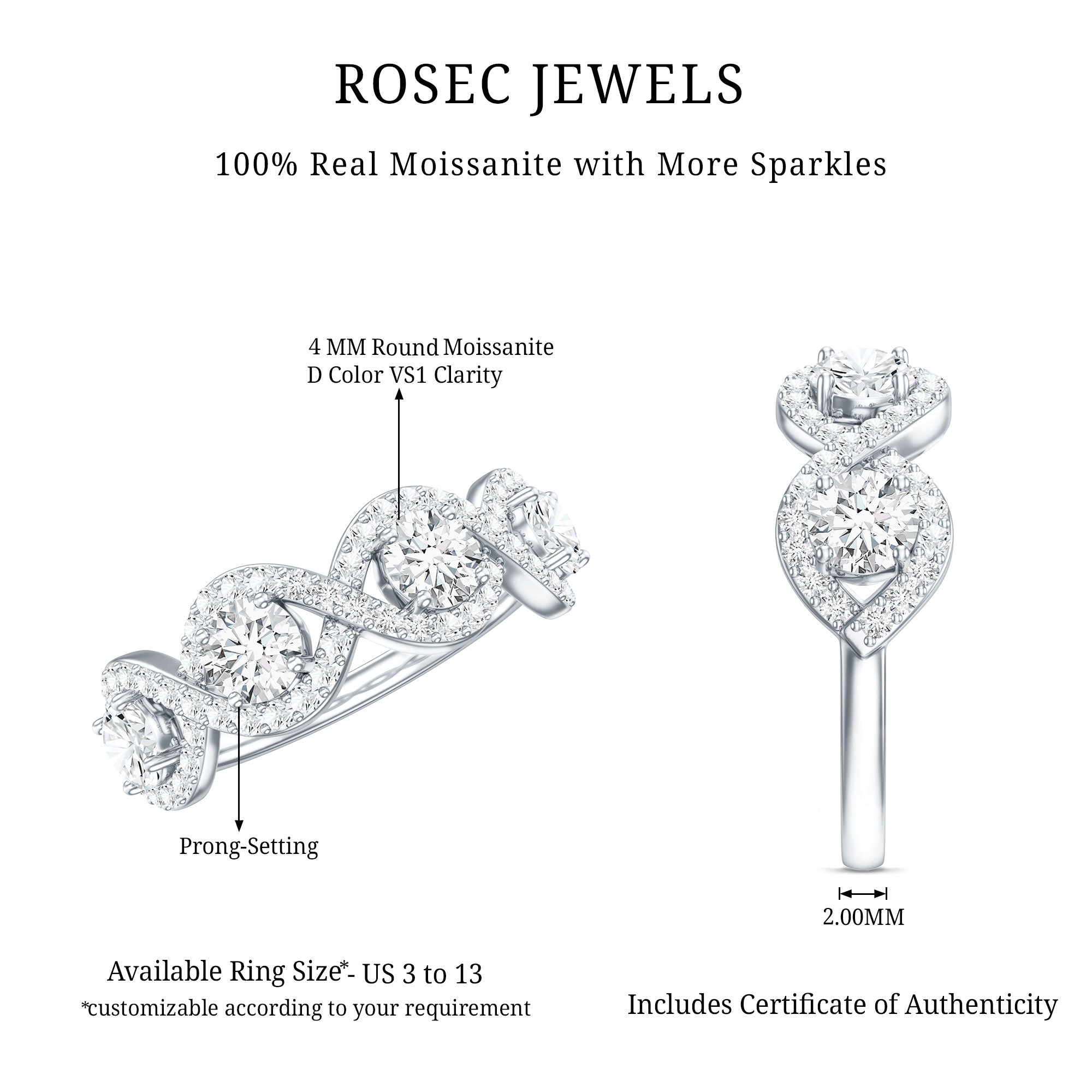 Round Moissanite Infinity Wedding Band Ring D-VS1 - Rosec Jewels