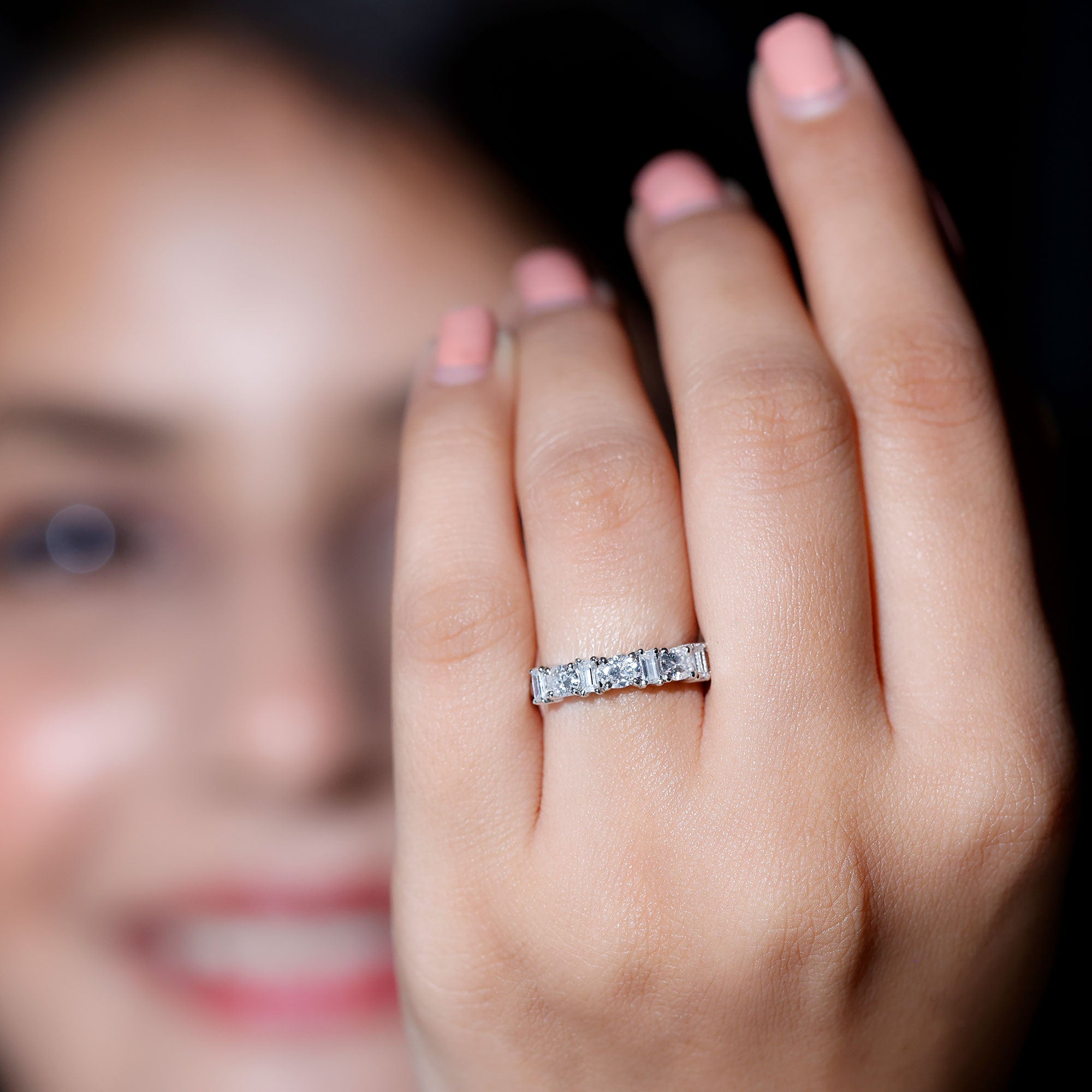 Certified Baguette and Oval Cut Moissanite Half Eternity Band D-VS1 - Rosec Jewels