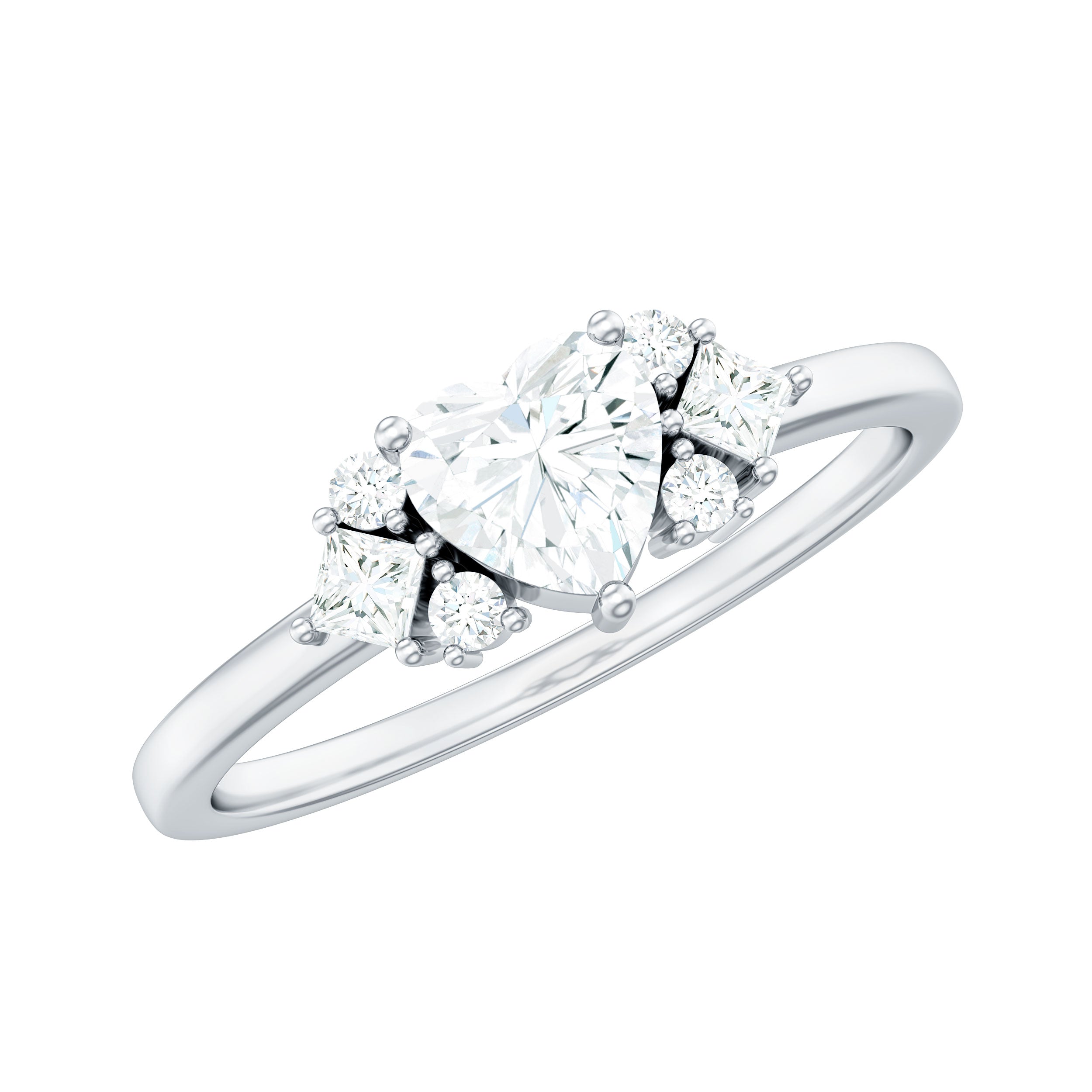 Rosec Jewels-Heart Shape Moissanite Engagement Ring with Cluster Stones
