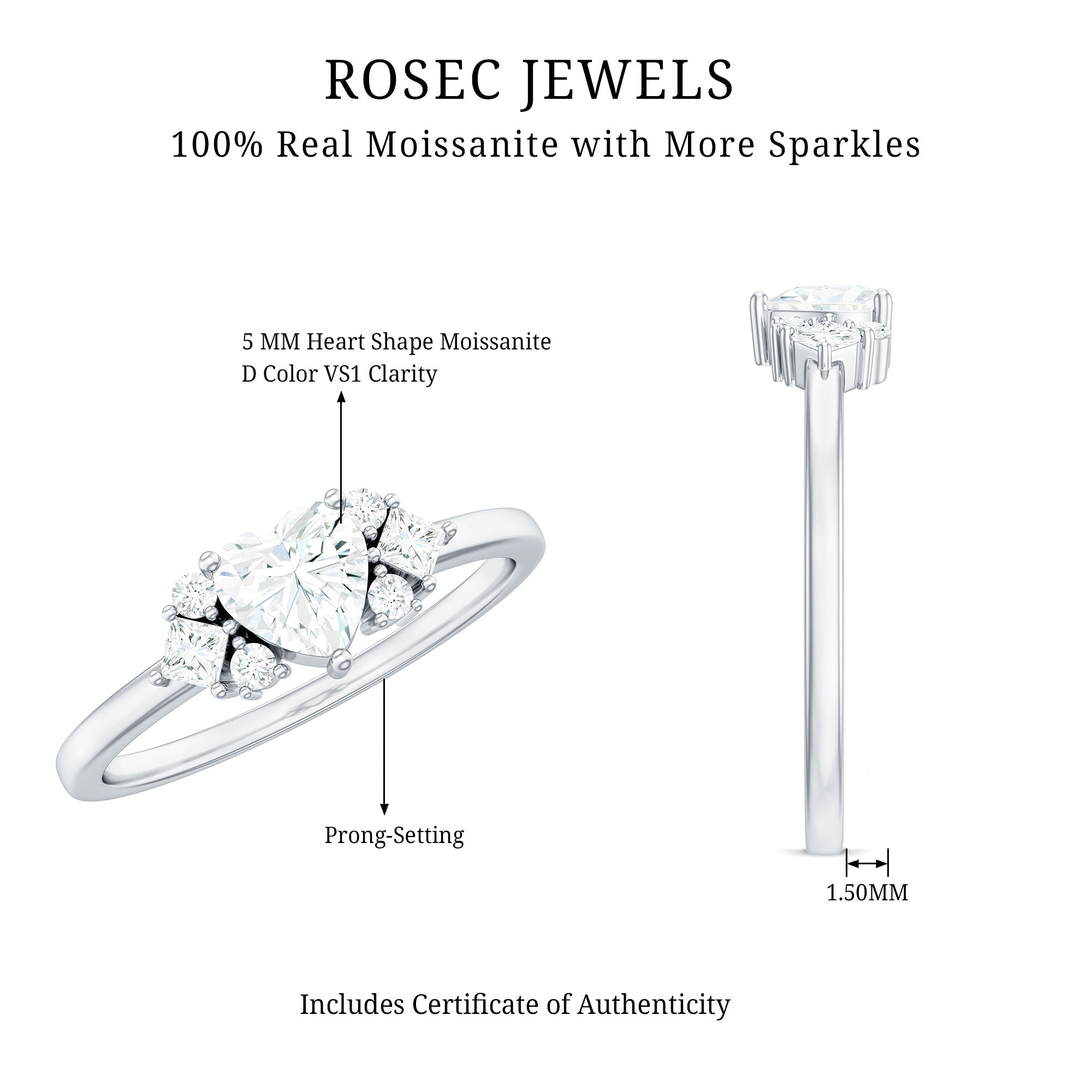 Rosec Jewels-Heart Shape Moissanite Engagement Ring with Cluster Stones