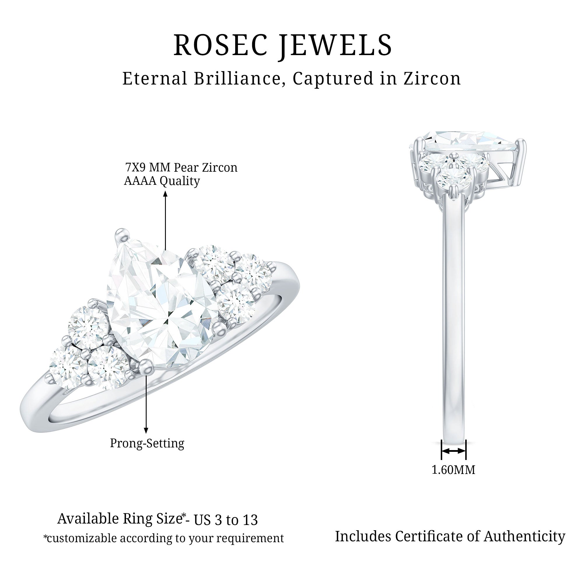 Zircon Teardrop Engagement Ring with Cluster Accent AAAA - Rosec Jewels