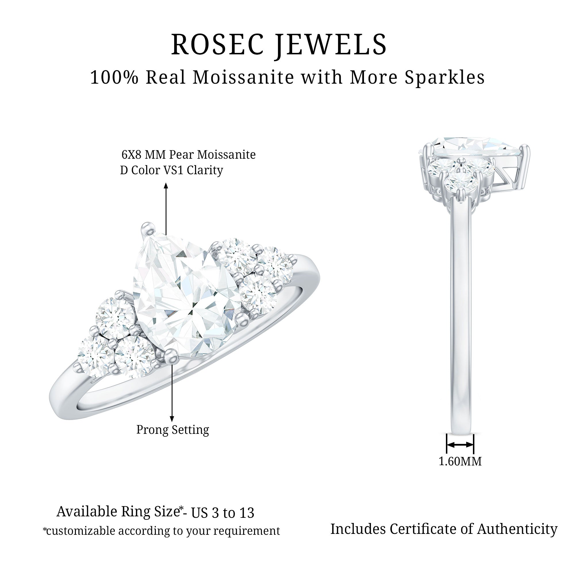 Certified 1.3 Carat Moissanite Pear Engagement Ring with Trio D-VS1 - Rosec Jewels