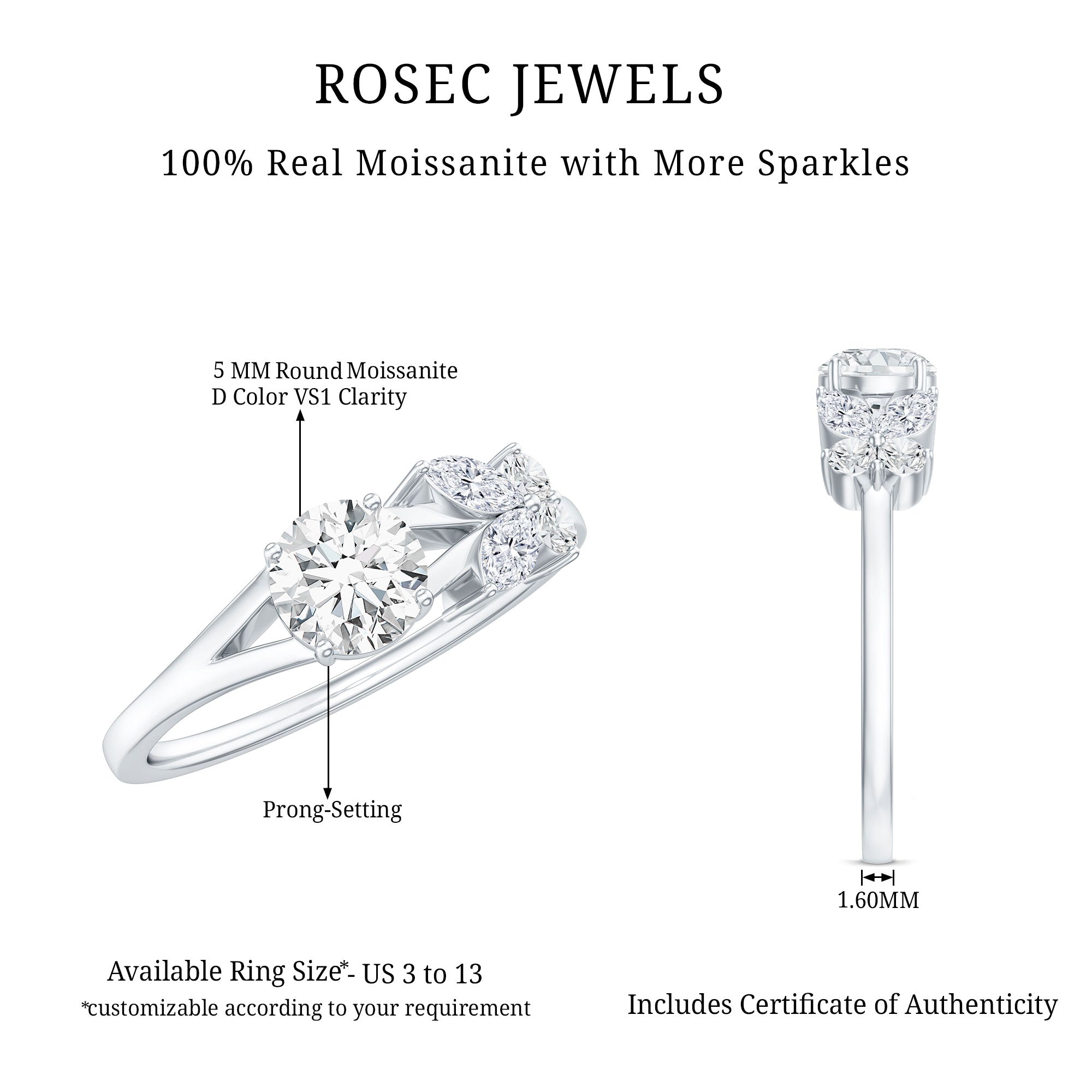 Certified Moissanite Promise Ring with Butterfly Motif D-VS1 - Rosec Jewels