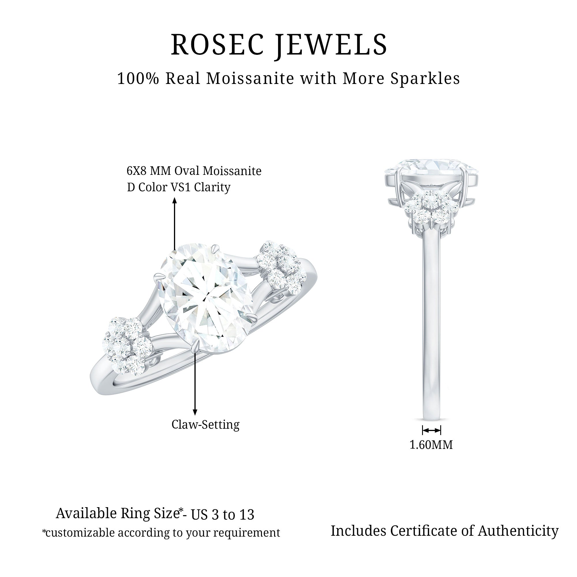 Oval Cut Moissanite Flower Engagement Ring in Split Shank D-VS1 - Rosec Jewels