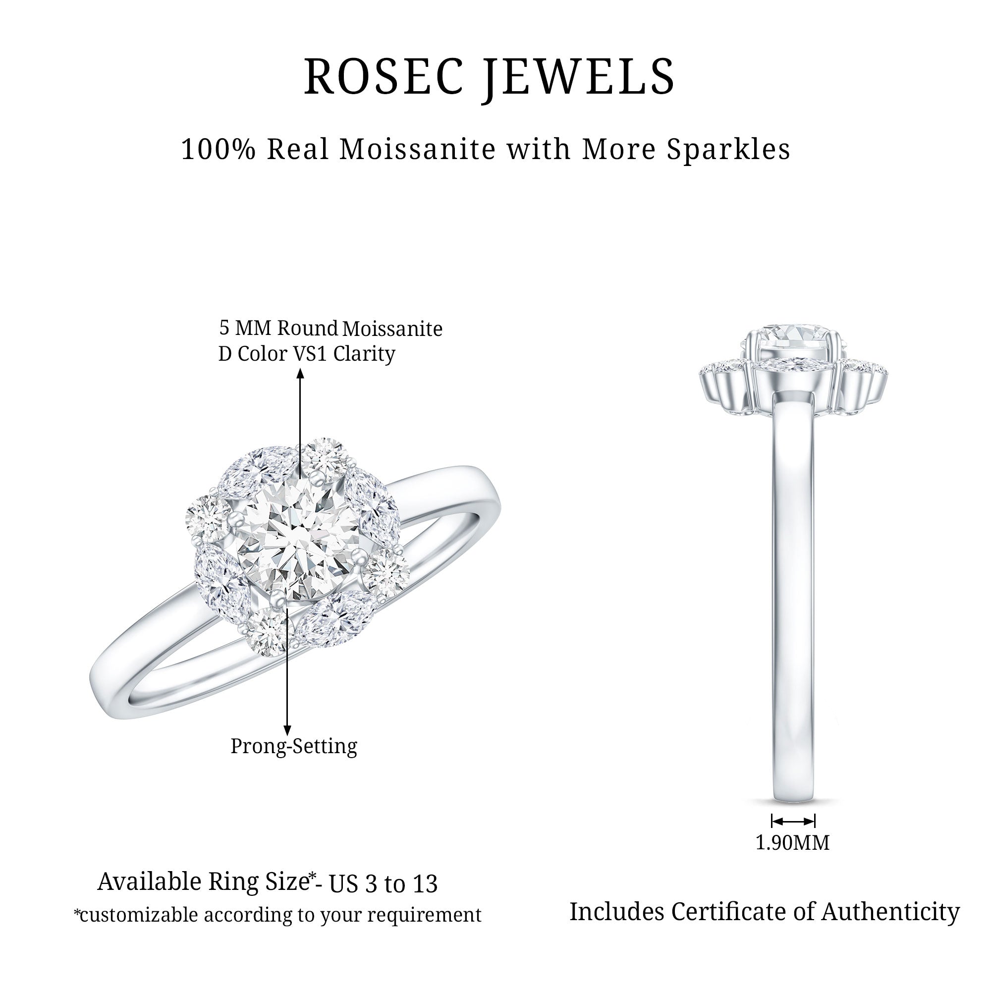 Round Moissanite Halo Engagement Ring for Women D-VS1 - Rosec Jewels