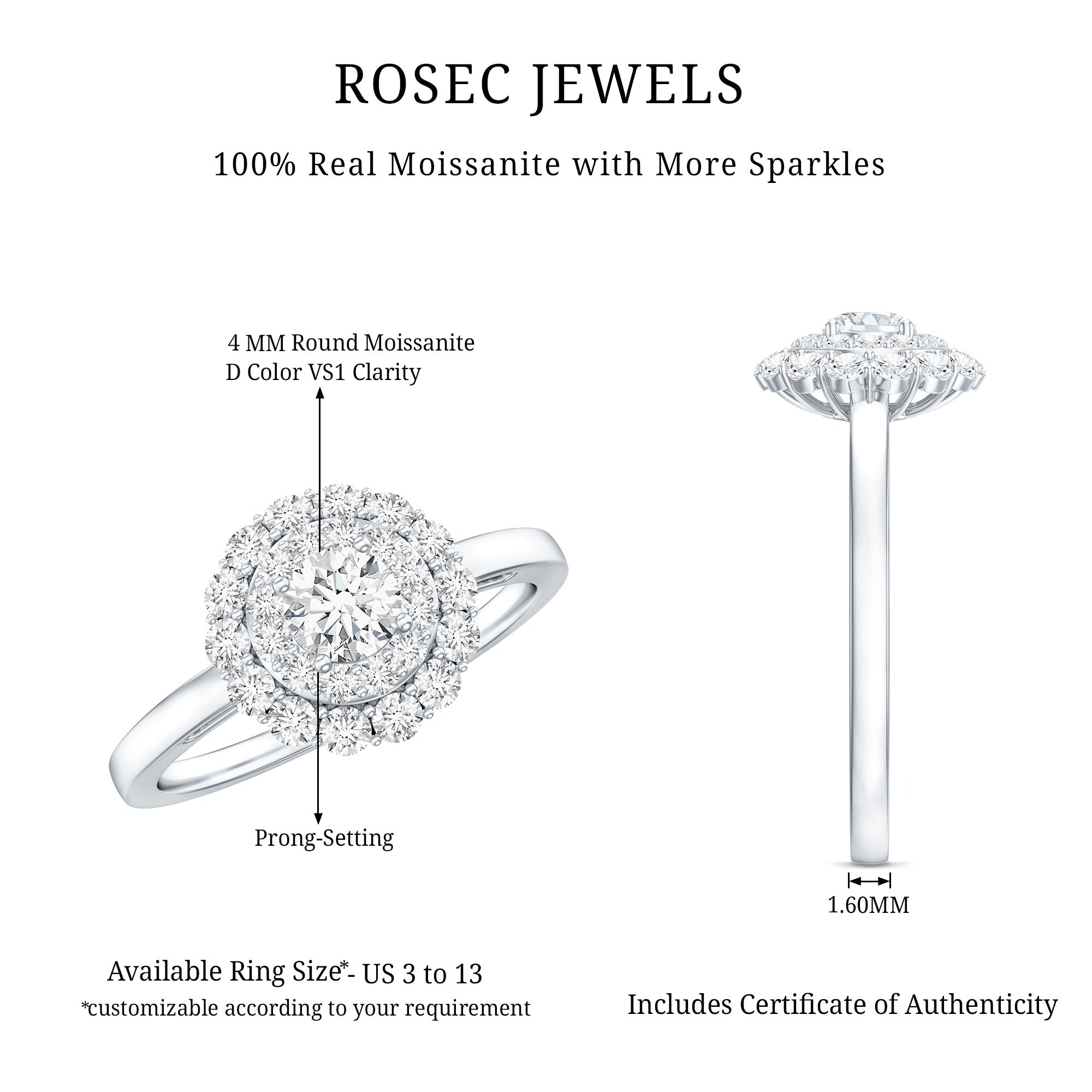 Certified Round Moissanite Double Halo Engagement Ring D-VS1 - Rosec Jewels