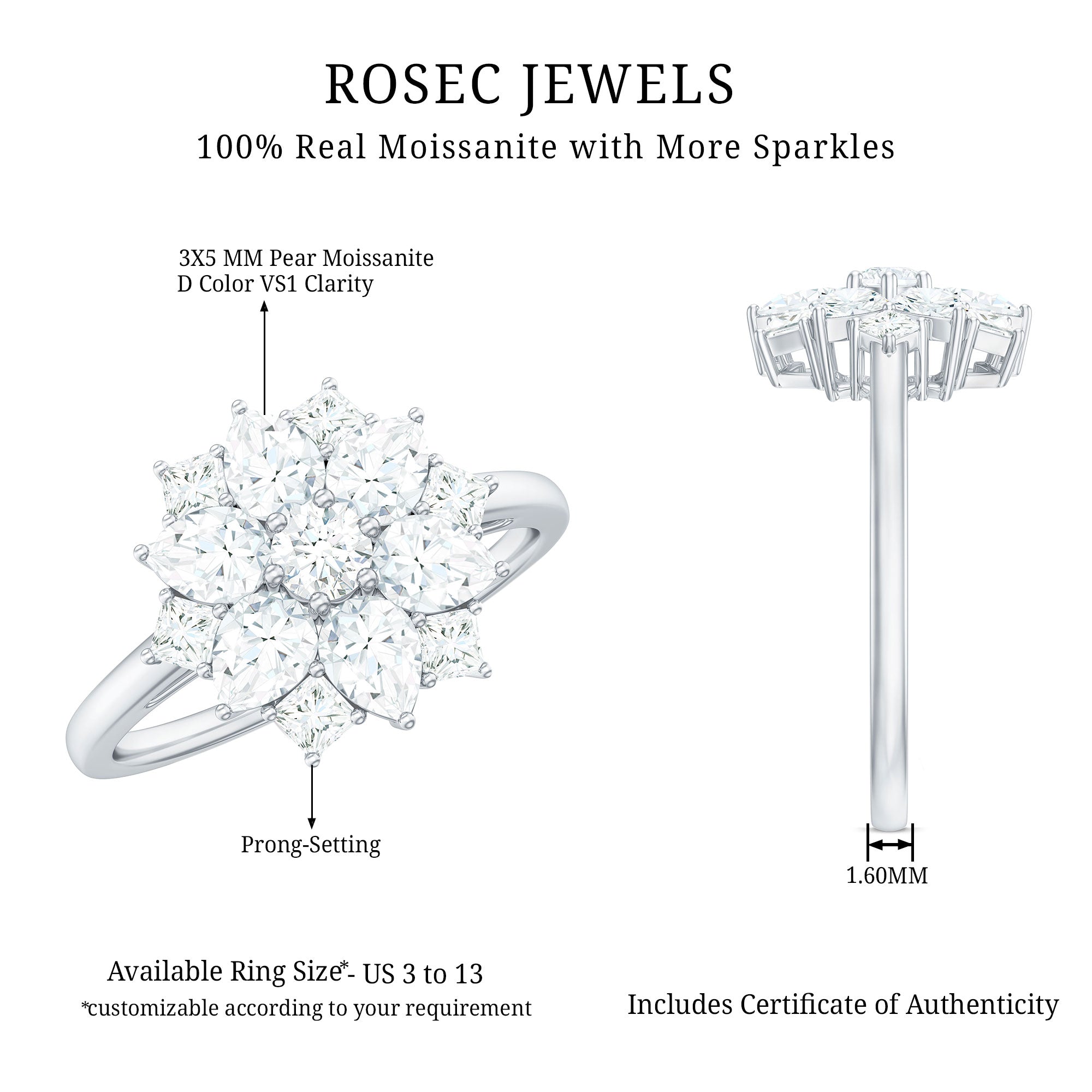 Womens Moissanite Flower Engagement Ring with Certificate D-VS1 - Rosec Jewels