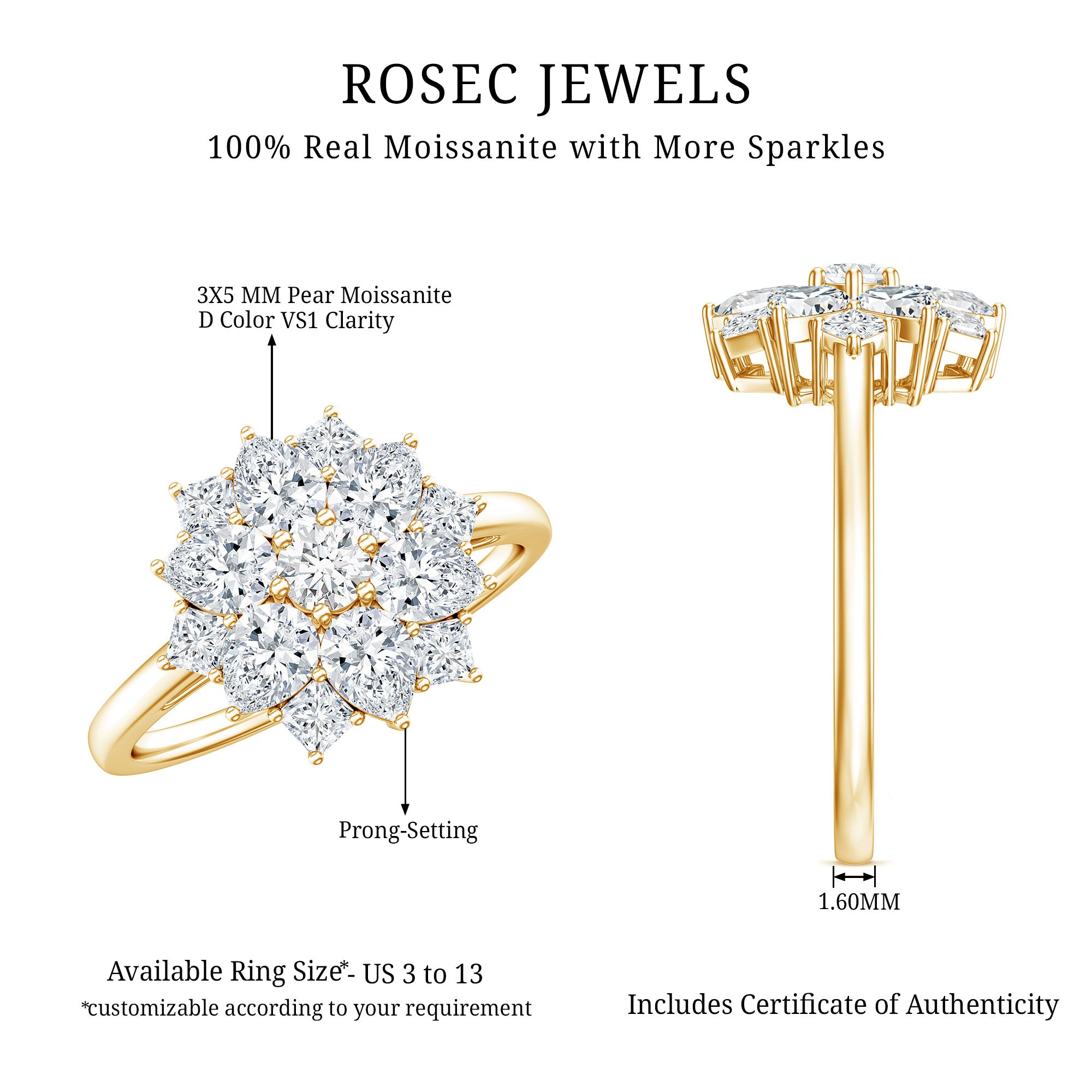 Womens Moissanite Flower Engagement Ring with Certificate D-VS1 - Rosec Jewels
