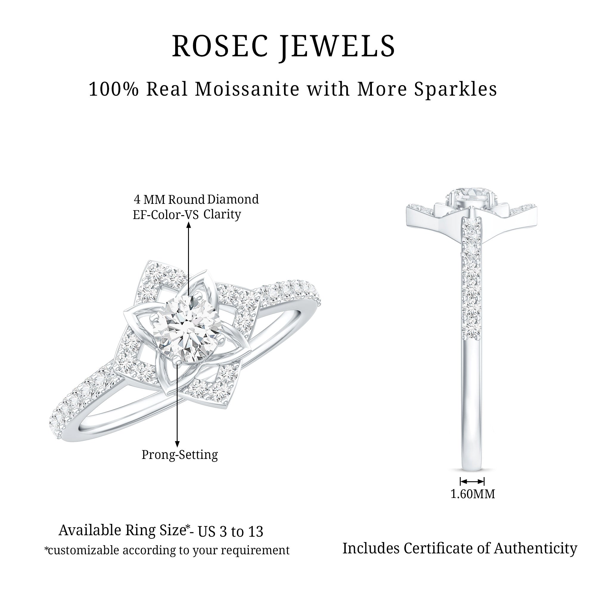 Certified Moissanite Floral Engagement Ring For Her D-VS1 - Rosec Jewels