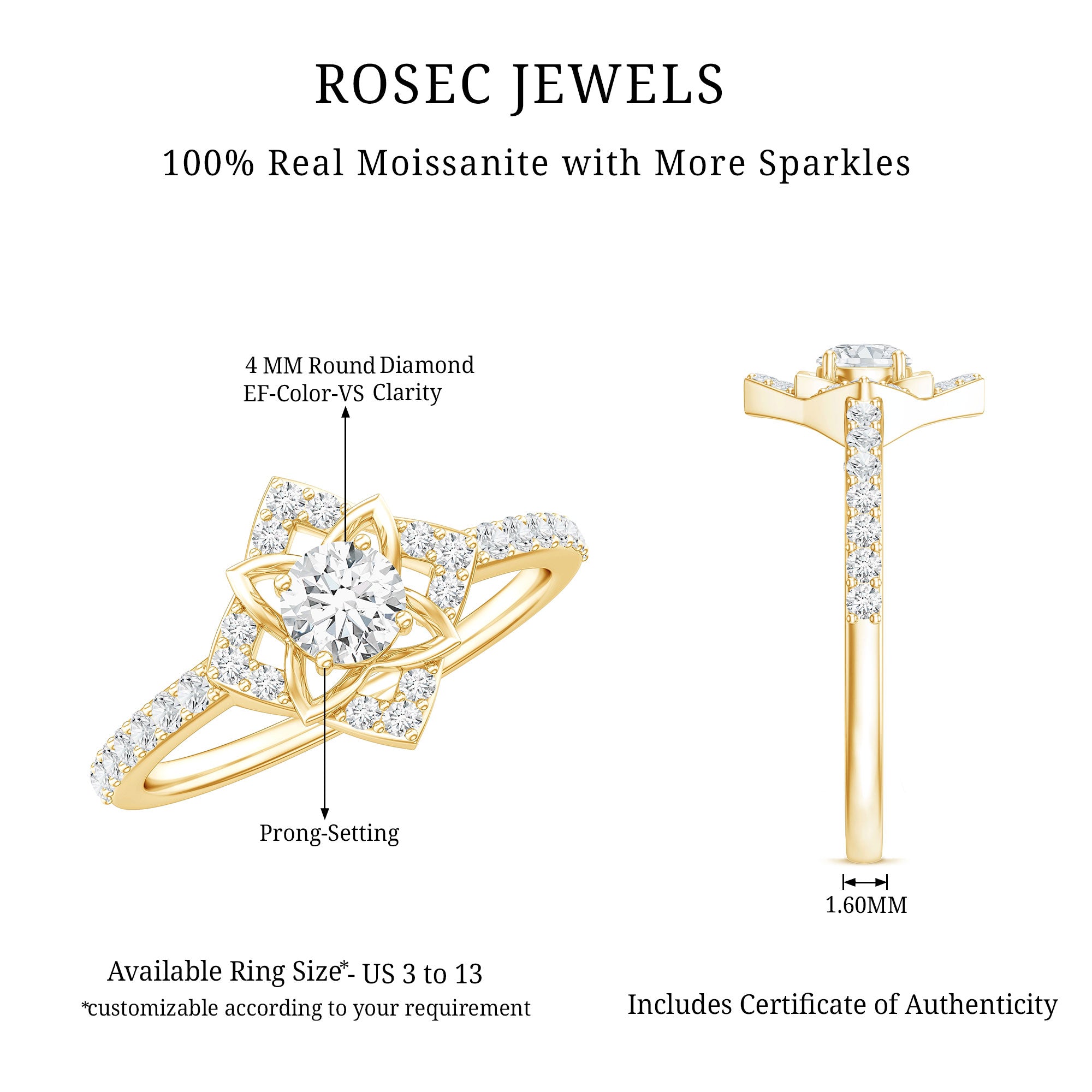 Certified Moissanite Floral Engagement Ring For Her D-VS1 - Rosec Jewels