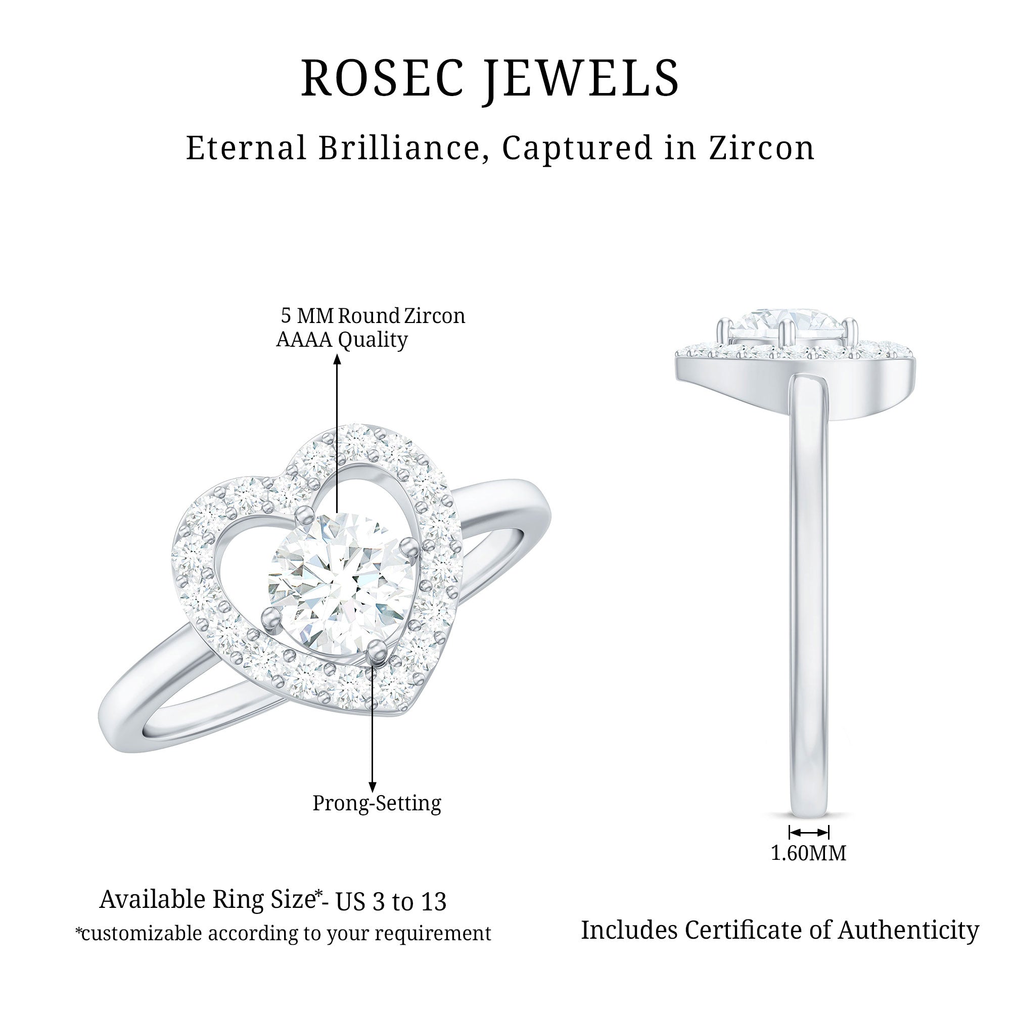 1 CT Round Cut Zircon Heart Engagement Ring with Halo AAAA - Rosec Jewels
