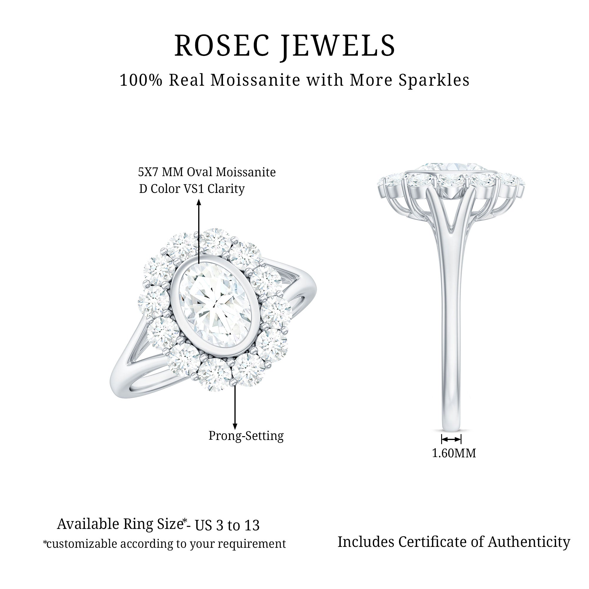 Rosec Jewels-Oval Cut Moissanite Halo Engagement Ring with Split Shank