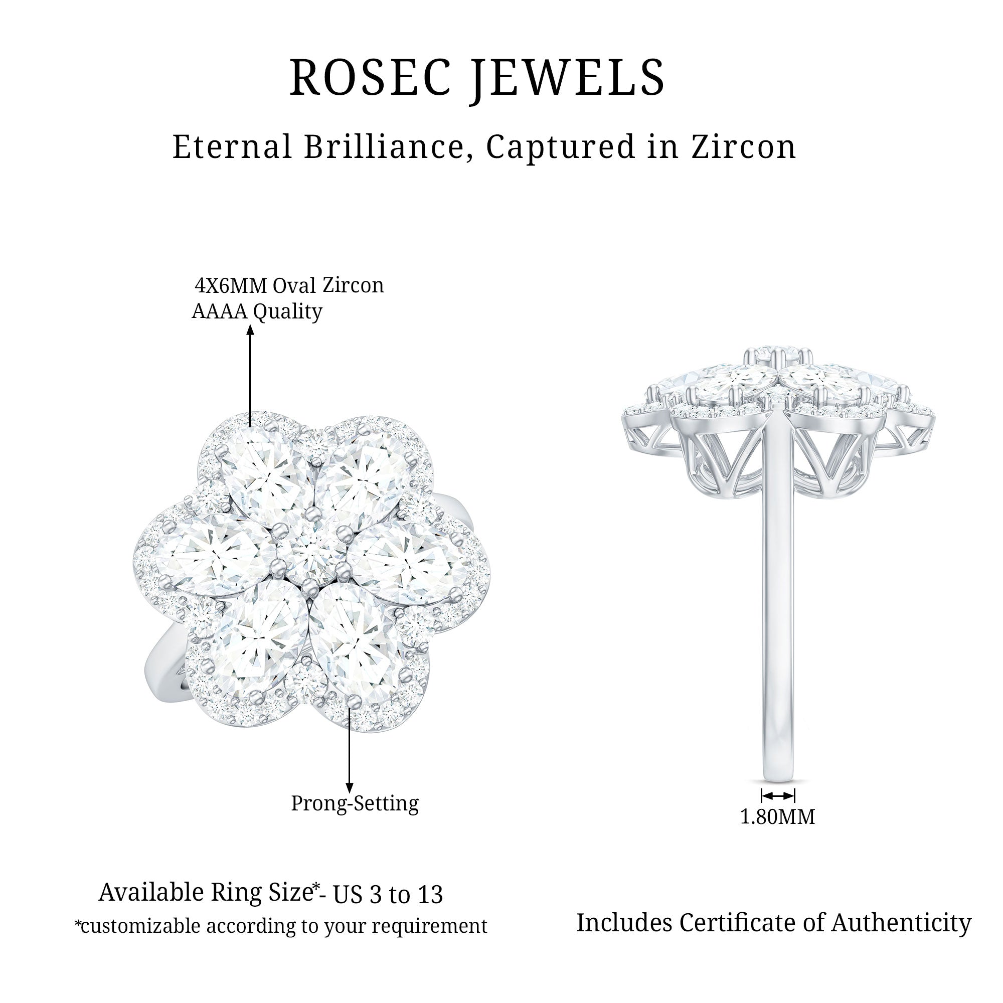 5.50 CT Oval and Round Cut Zircon Floral Statement Ring AAAA - Rosec Jewels
