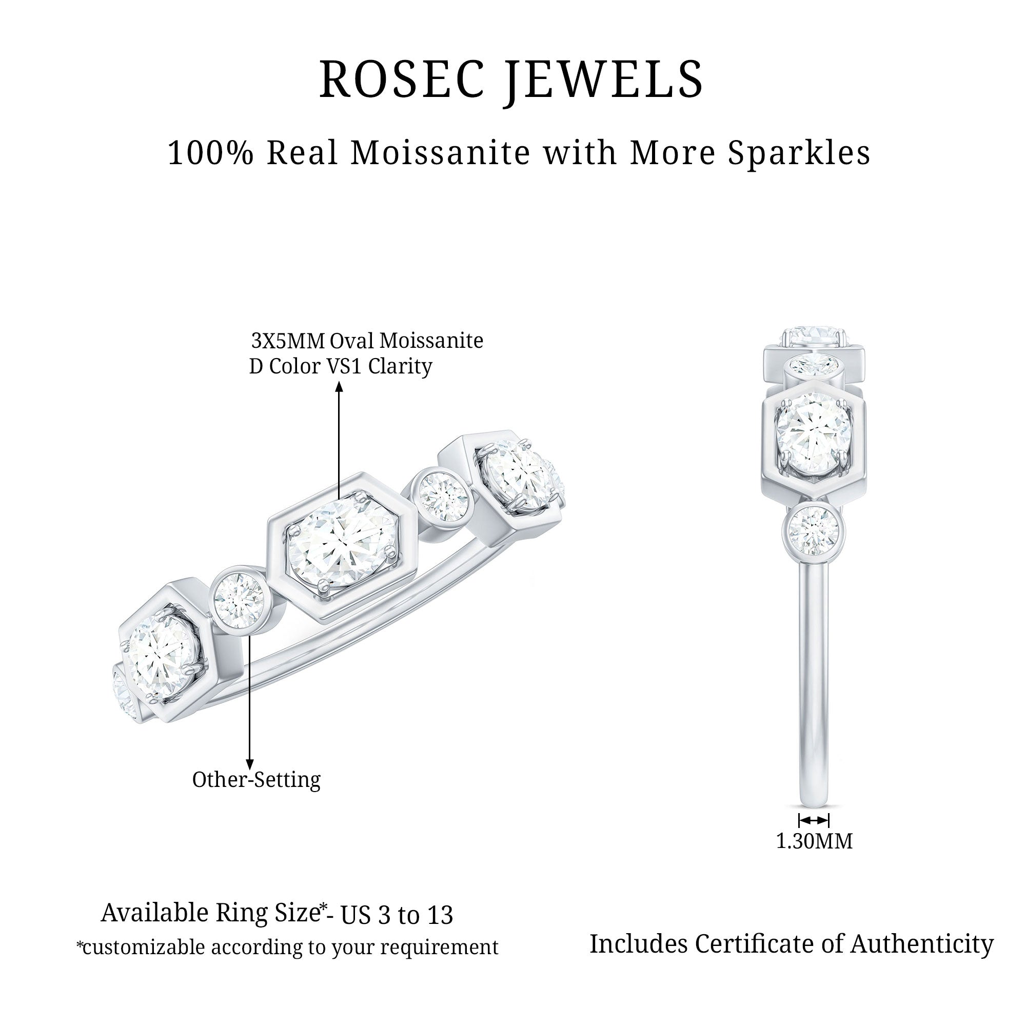 Rosec Jewels-Oval and Round Certified Moissanite Half Eternity Ring