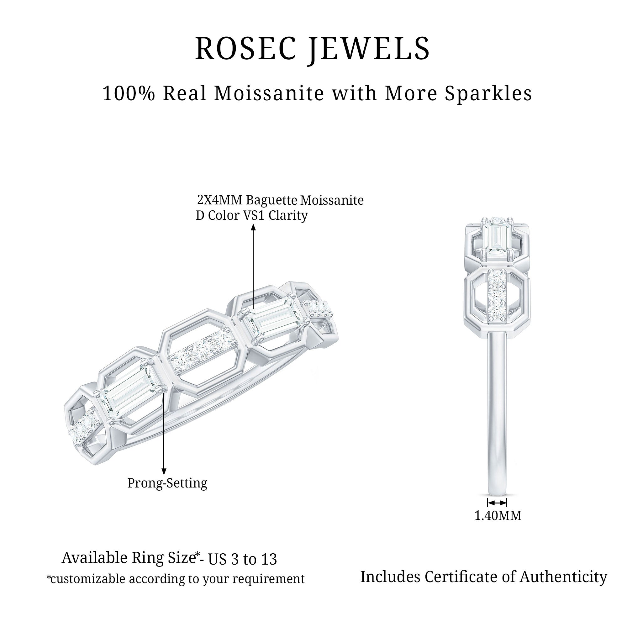Certified Moissanite Geometric Half Eternity Ring D-VS1 - Rosec Jewels