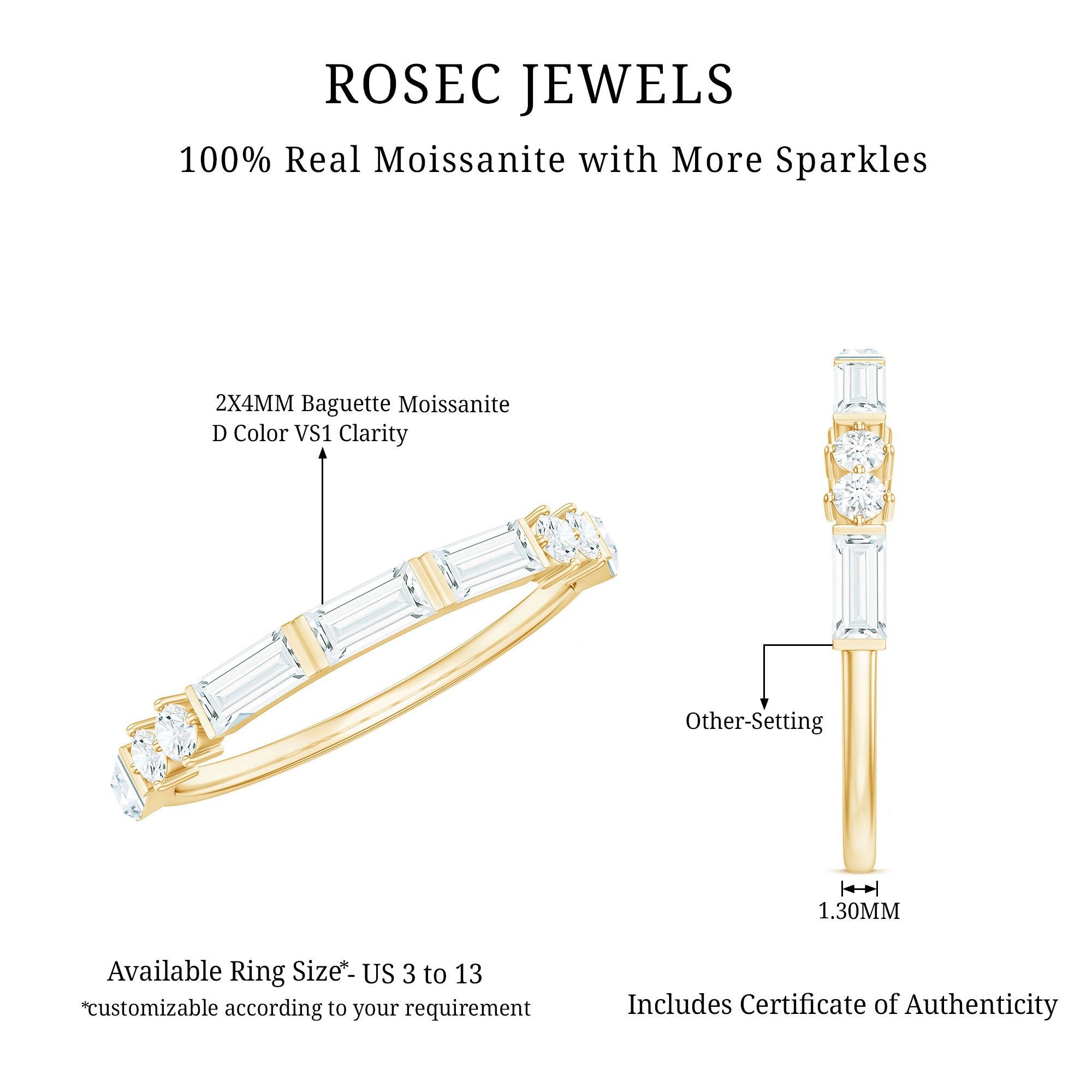 Baguette Cut Moissanite Minimalist Half Eternity Ring D-VS1 - Rosec Jewels