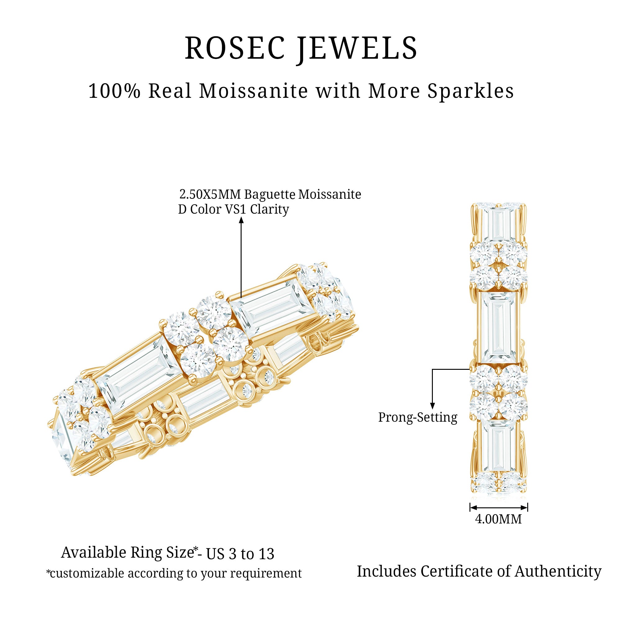 Moissanite Round and Baguette Wedding Band D-VS1 - Rosec Jewels
