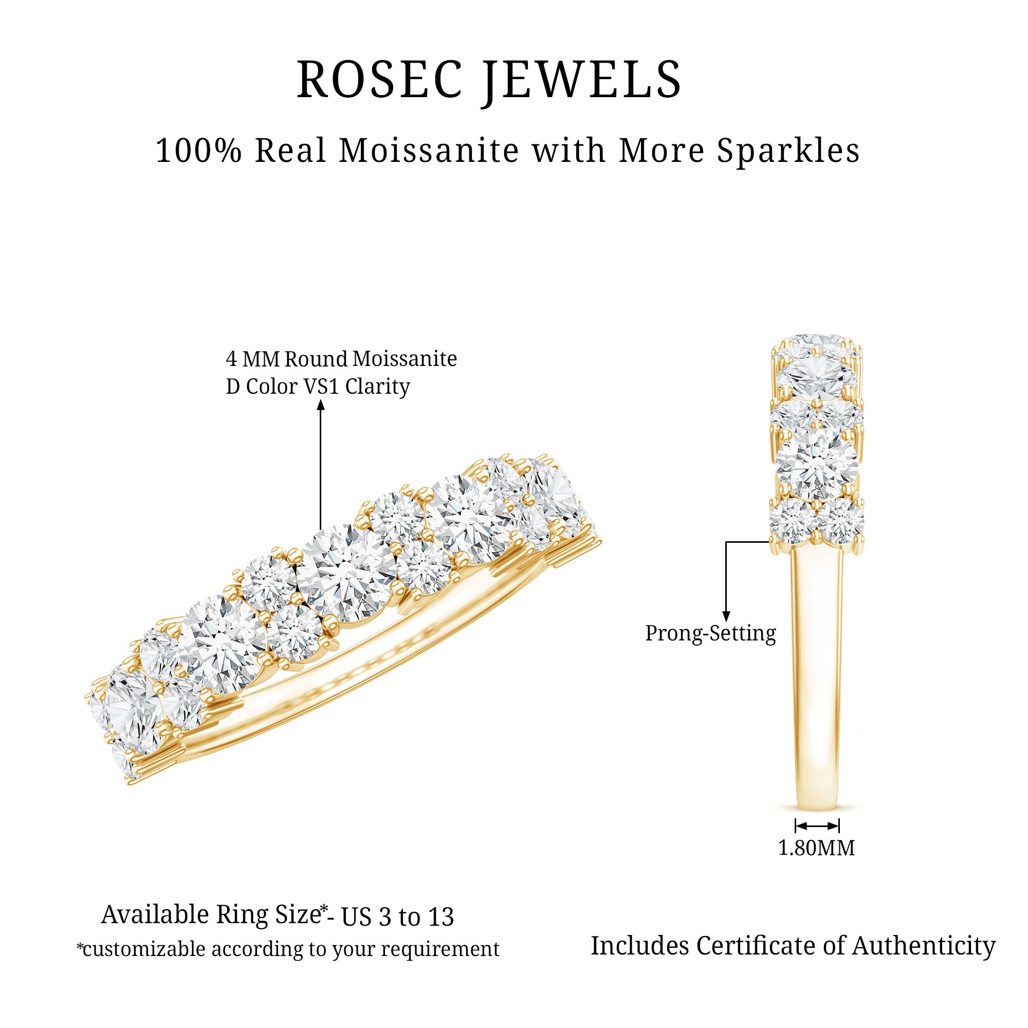 Moissanite Half Eternity Wedding Band with Certificate D-VS1 - Rosec Jewels