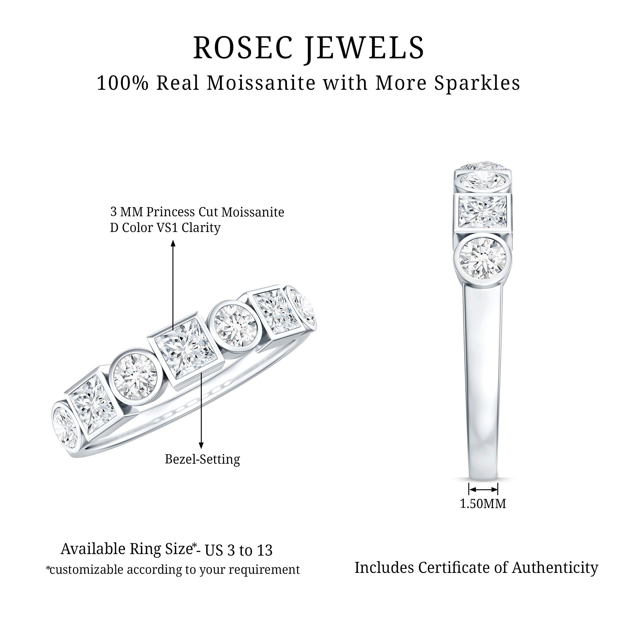 Alternate Bezel Set Moissanite Half Eternity Band Ring D-VS1 - Rosec Jewels