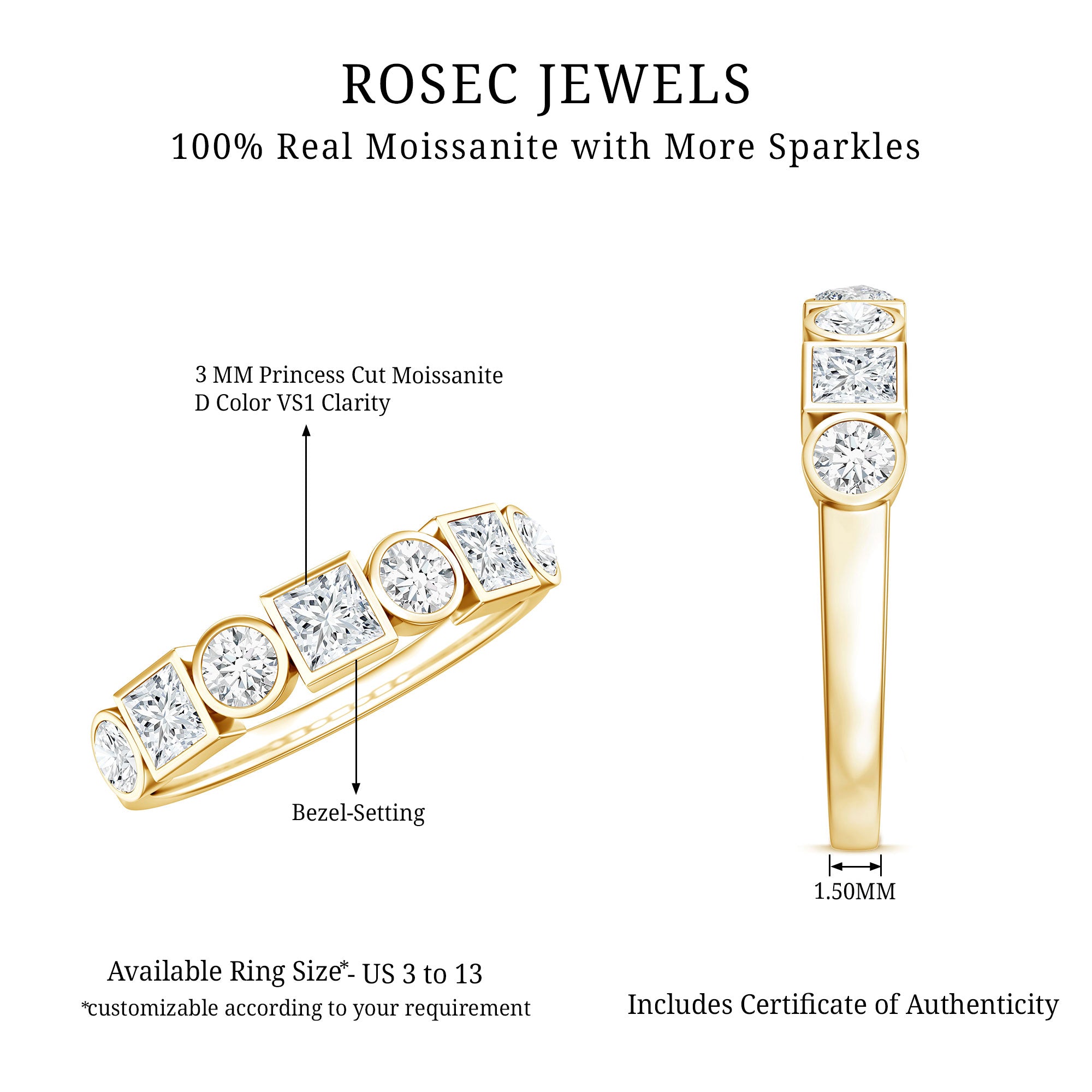 Alternate Bezel Set Moissanite Half Eternity Band Ring D-VS1 - Rosec Jewels