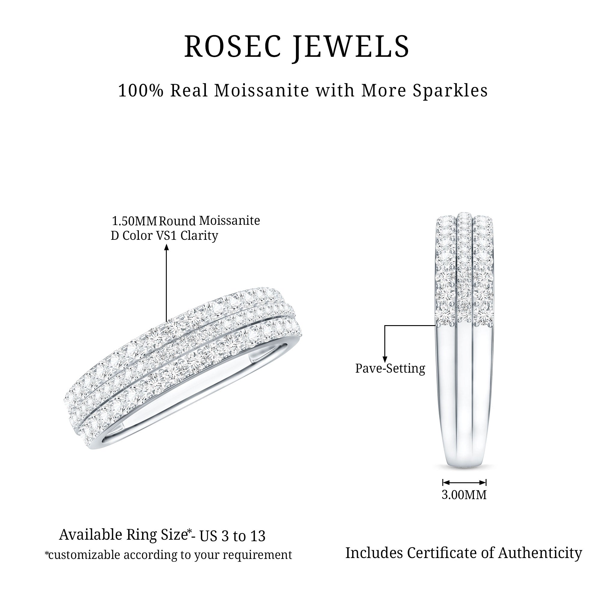 Round Cut Certified Moissanite Wedding Band D-VS1 - Rosec Jewels