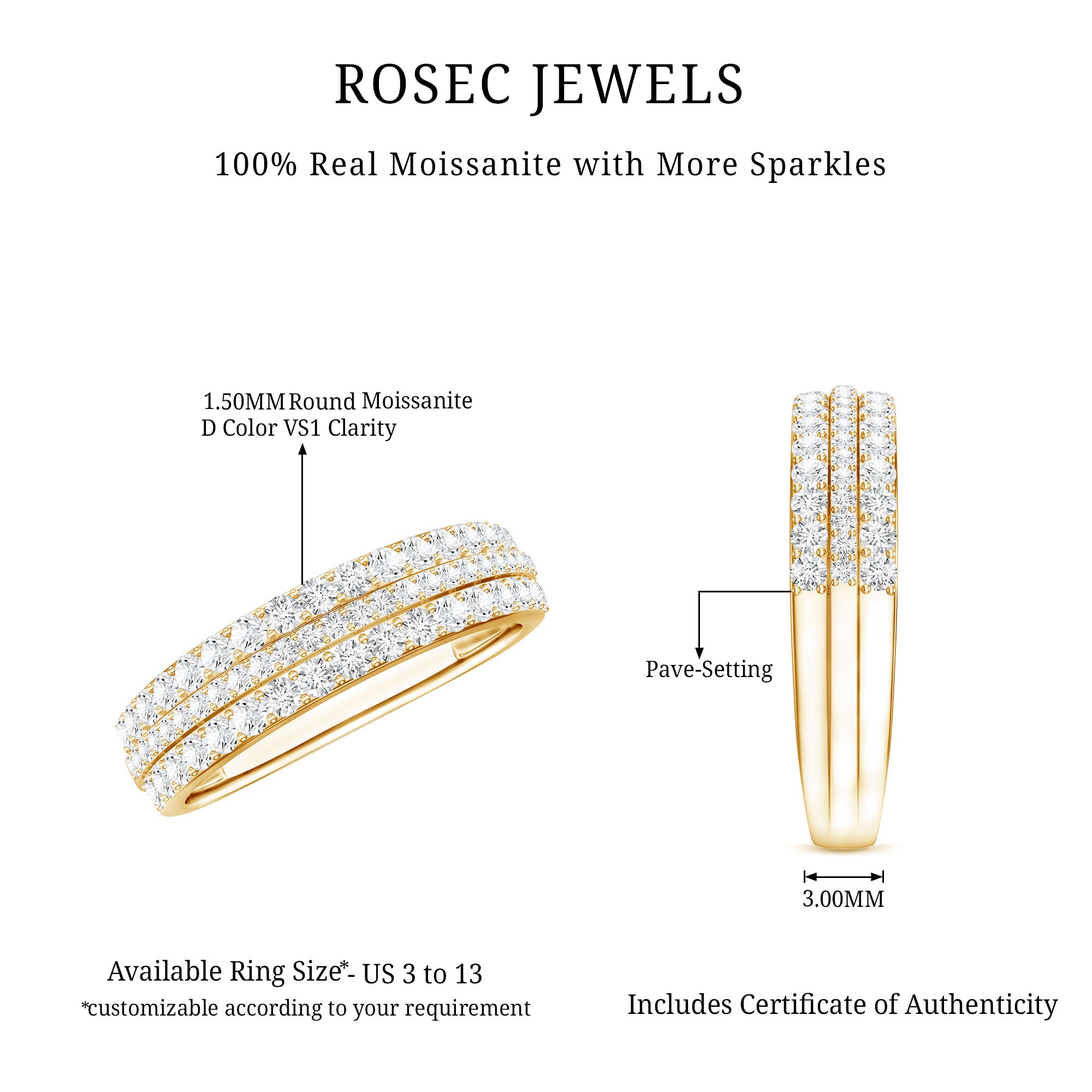 Round Cut Certified Moissanite Wedding Band D-VS1 - Rosec Jewels